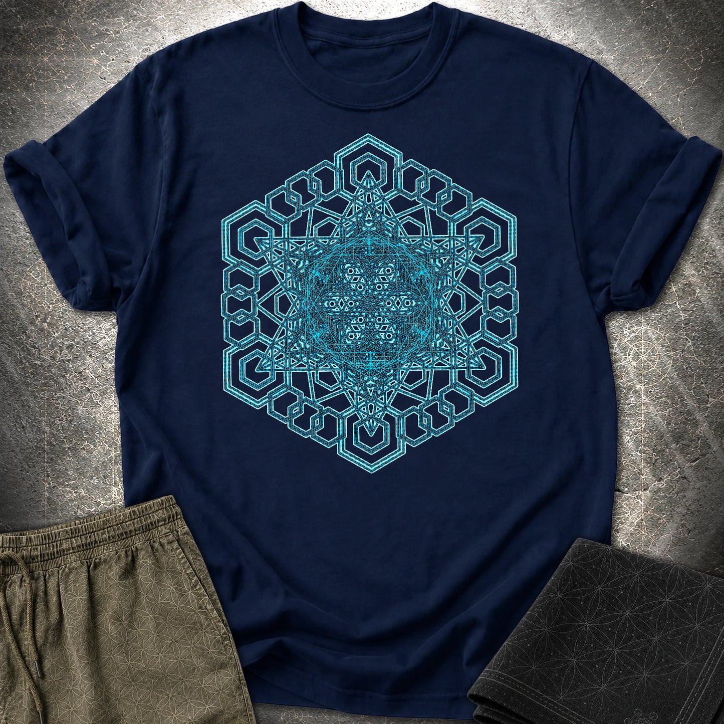 Sacred Geometry T-Shirt, Blue Geometric Mandala Shirt, Visionary Pattern Graphic Tee - Sacred Geometry T-Shirt, Blue Geometric Mandala Shirt, Visionary Pattern Graphic Tee - Navy