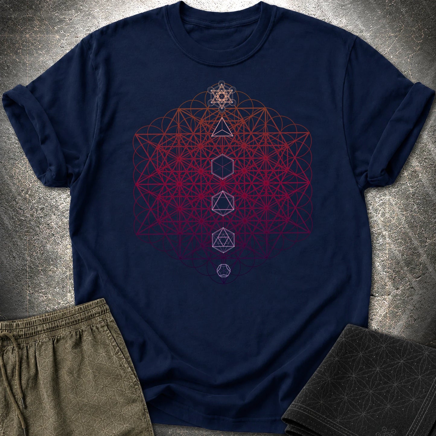 64 Tetrahedron Platonic Solids Metatron T-Shirt - 64 Tetrahedron Platonic Solids Metatron T-Shirt - Navy