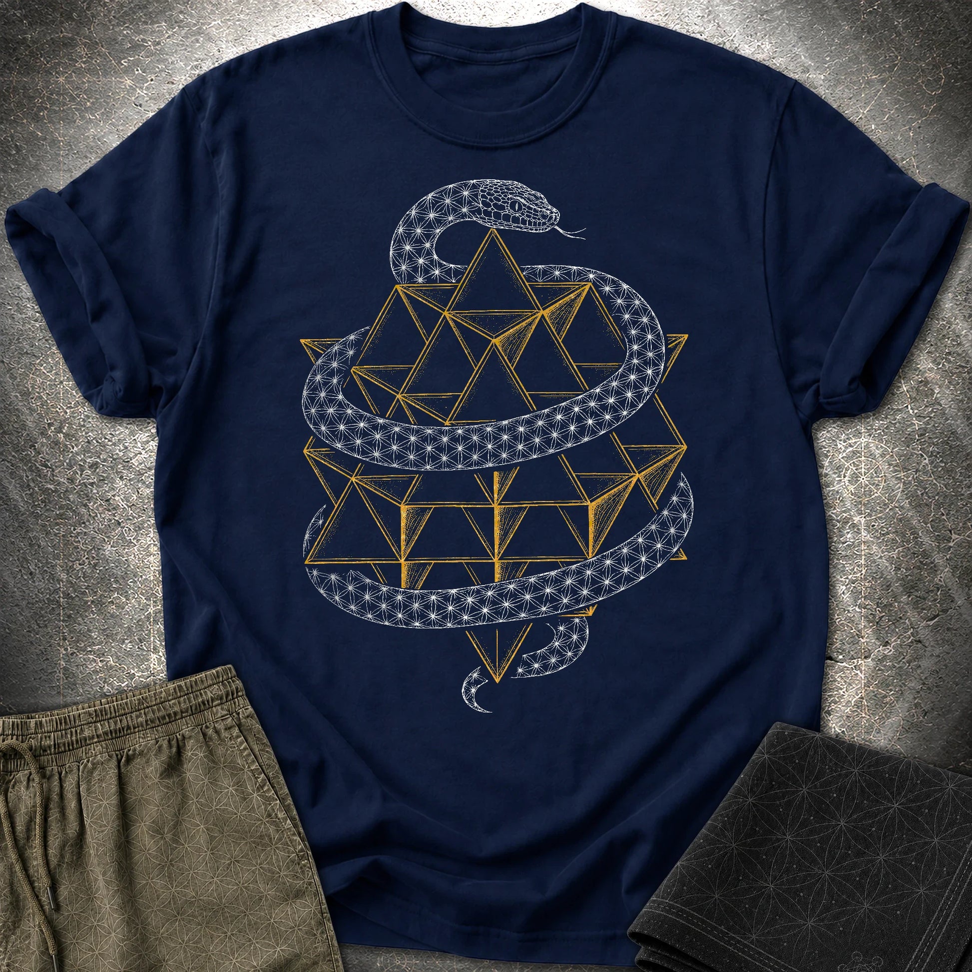 Serpent Tetrahedron Merkaba Geometry T-Shirt - Serpent Tetrahedron Merkaba Geometry T-Shirt - Navy
