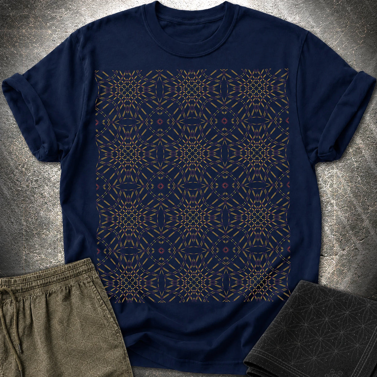 Psychedelic Geometric Kaleidoscope Boho Pattern T-Shirt - Psychedelic Geometric Kaleidoscope Boho Pattern T-Shirt - Navy
