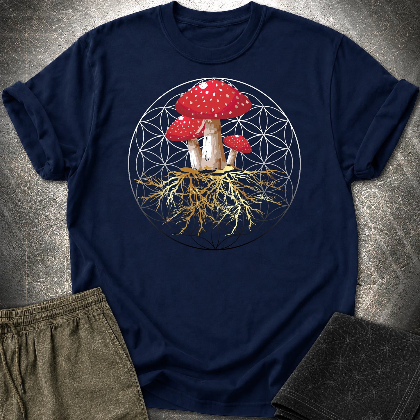 Fly Agaric Flower Of Life T-Shirt - Fly Agaric Flower Of Life T-Shirt - Navy
