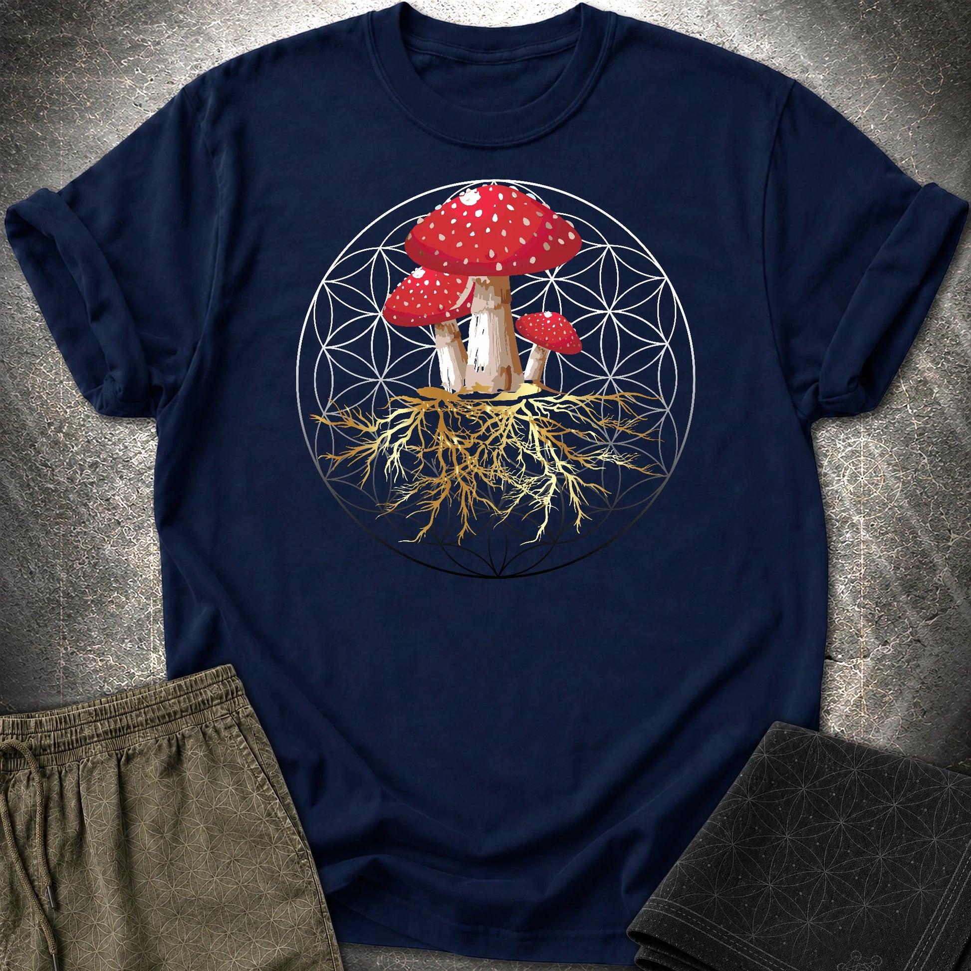 Fly Agaric Flower Of Life T-Shirt - Fly Agaric Flower Of Life T-Shirt - Navy