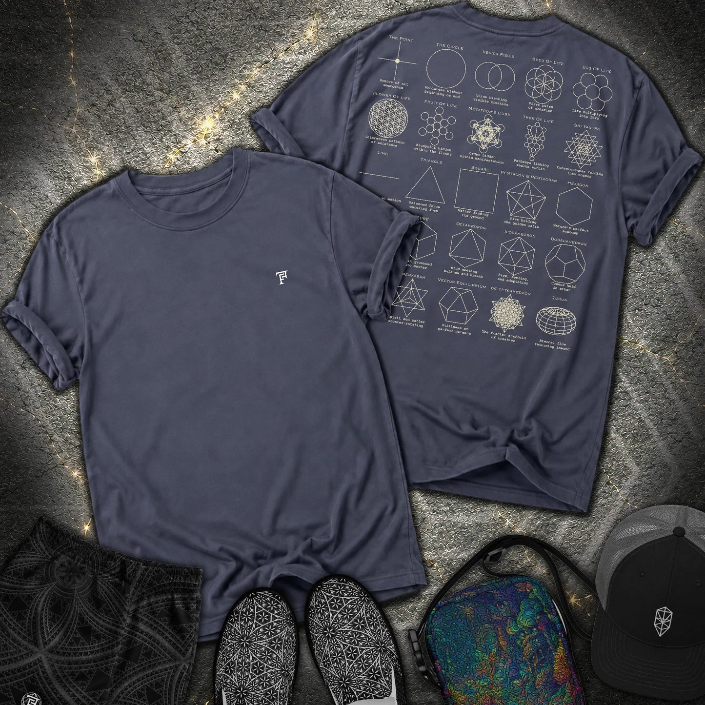Sacred Geometry Figures Back Print 2 Sided Comfort T-Shirt - Sacred Geometry Figures Back Print 2 Sided Comfort T-Shirt - Navy
