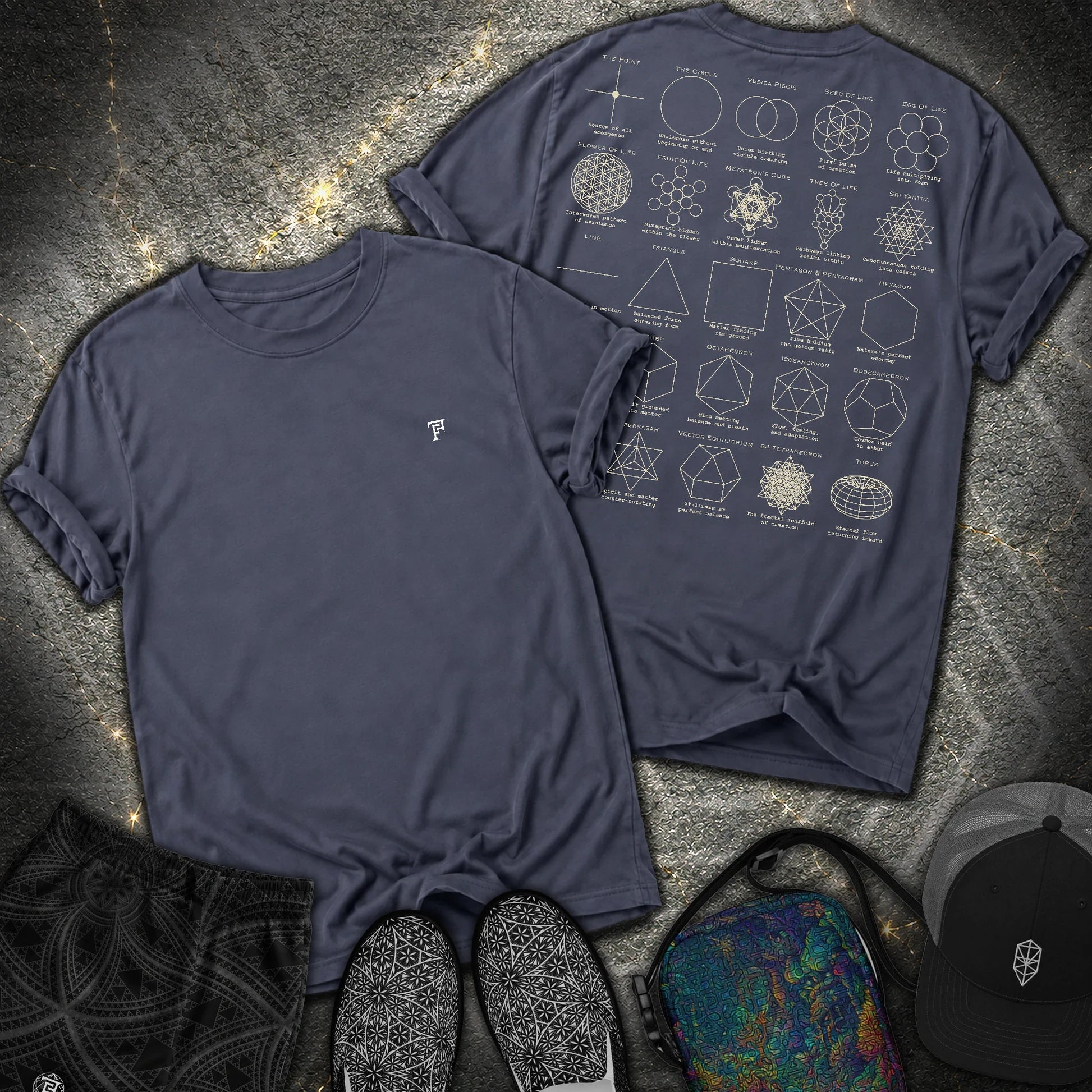 Sacred Geometry Figures Back Print 2 Sided Comfort T-Shirt - Sacred Geometry Figures Back Print 2 Sided Comfort T-Shirt - Navy