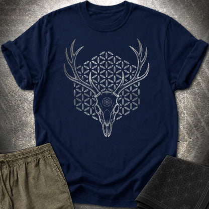 Deer Skull Sacred Geometry Shirt, Antler Flower of Life Tee, Gothic Nature Graphic, Mystic Stag Skull T-Shirt - Deer Skull Sacred Geometry Shirt, Antler Flower of Life Tee, Gothic Nature Graphic, Mystic Stag Skull T-Shirt - Navy