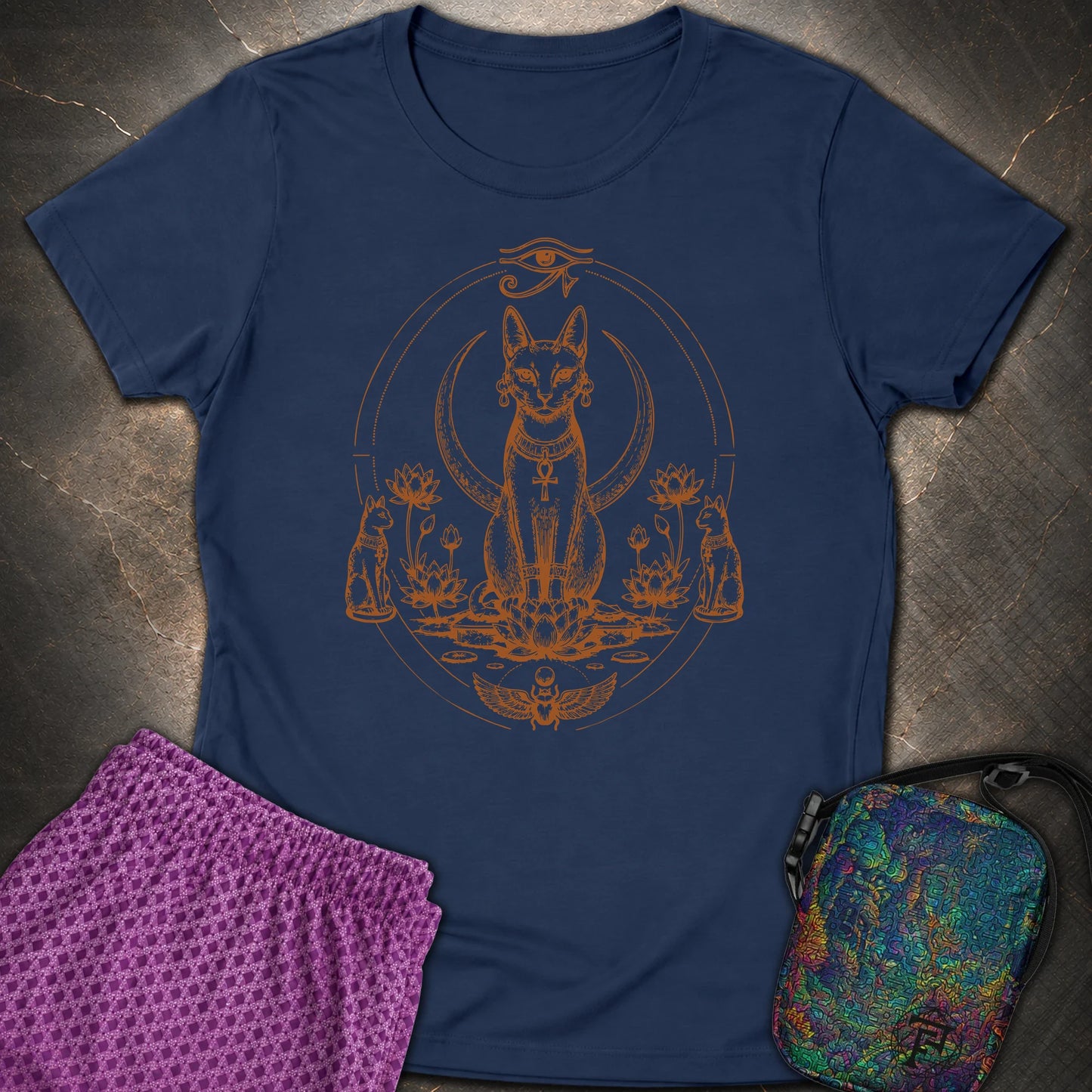 Sacred Cat Among Lotus Blooms - Sacred Cat Among Lotus Blooms Womens T-Shirt - Navy