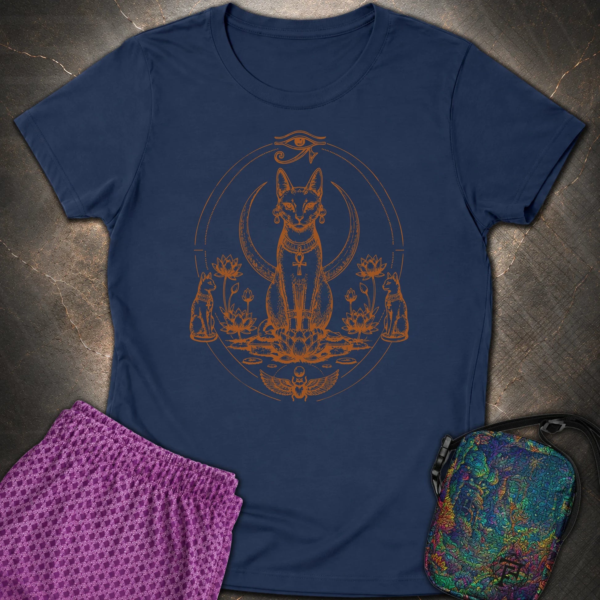 Sacred Cat Among Lotus Blooms - Sacred Cat Among Lotus Blooms Womens T-Shirt - Navy