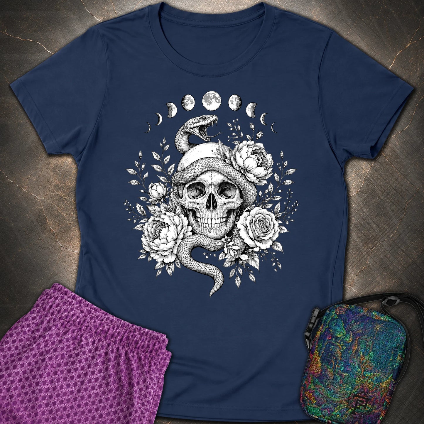 Skull Snake Moon Phases - Skull Snake Moon Phases Womens T-Shirt - Navy