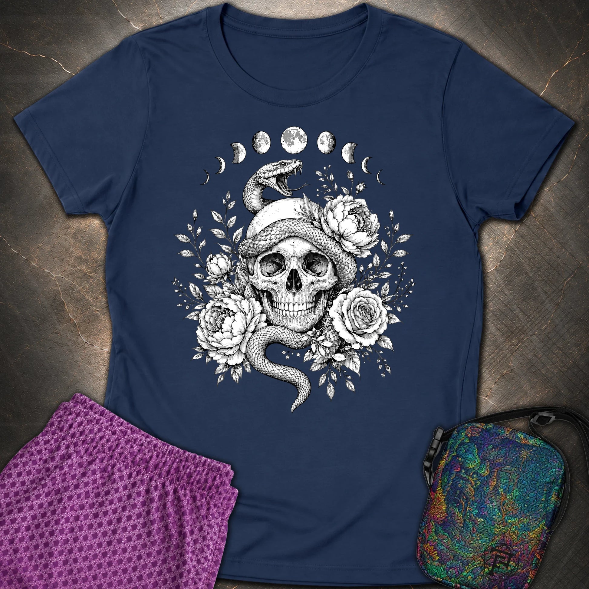 Skull Snake Moon Phases - Skull Snake Moon Phases Womens T-Shirt - Navy