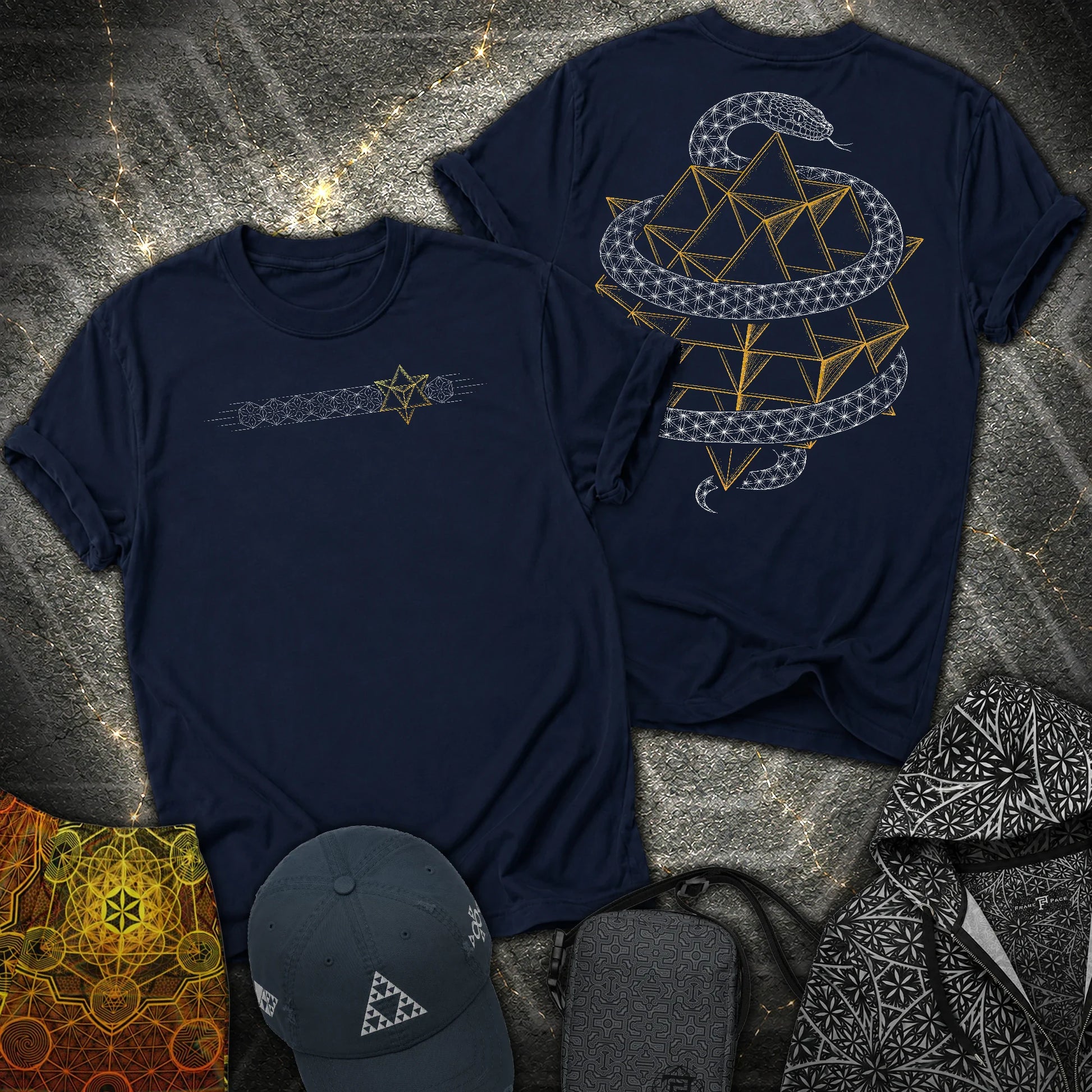 Serpent Tetrahedron Merkaba Geometry 2 Sided T-Shirt - Serpent Tetrahedron Merkaba Geometry 2 Sided T-Shirt - Navy