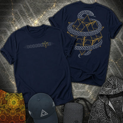 Serpent Tetrahedron Merkaba Geometry 2 Sided T-Shirt - Serpent Tetrahedron Merkaba Geometry 2 Sided T-Shirt - Navy