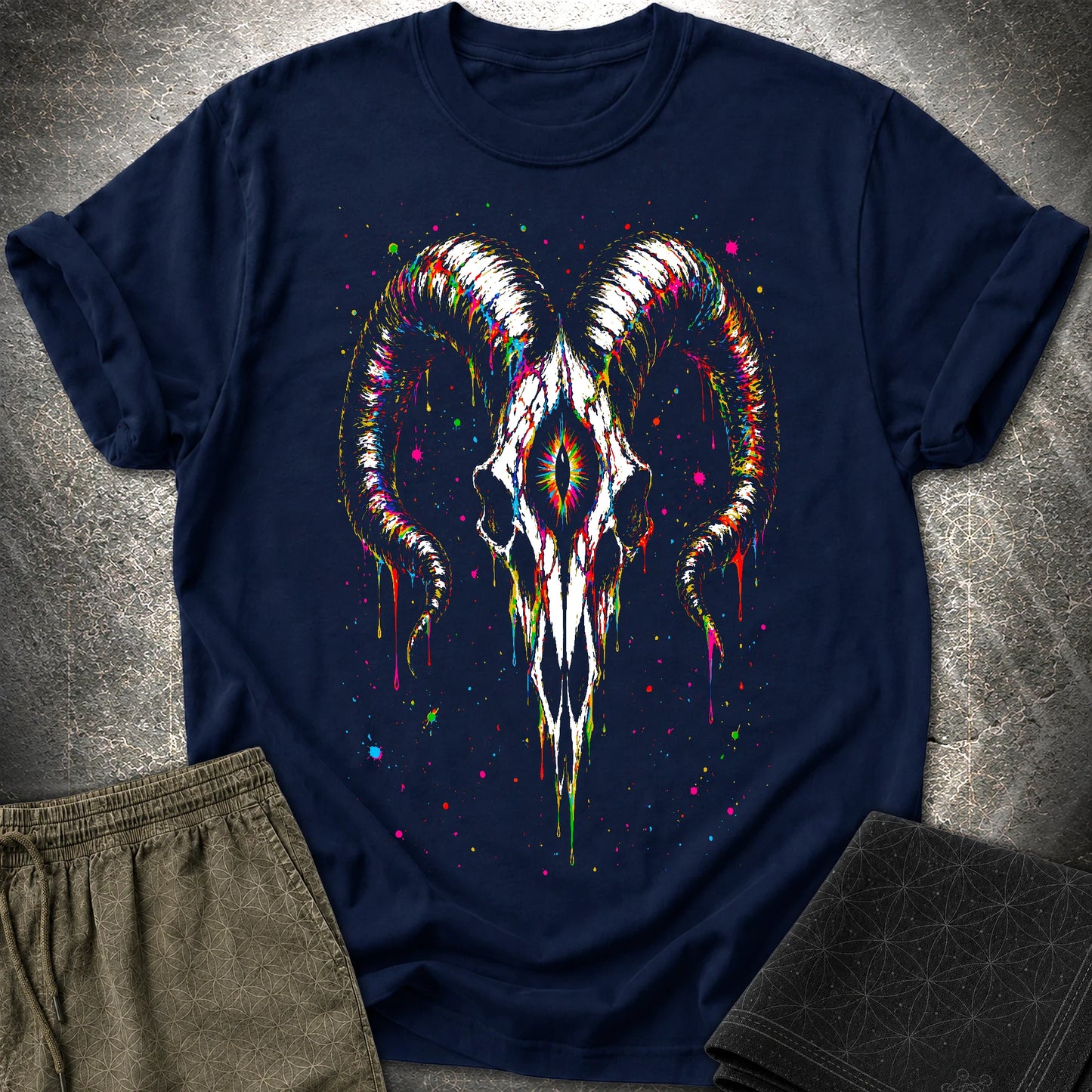 Psychedelic Ram Skull T-Shirt, Colorful Occult Skull Shirt, Trippy Gothic Festival Graphic Tee - Psychedelic Ram Skull T-Shirt, Colorful Occult Skull Shirt, Trippy Gothic Festival Graphic Tee - Navy