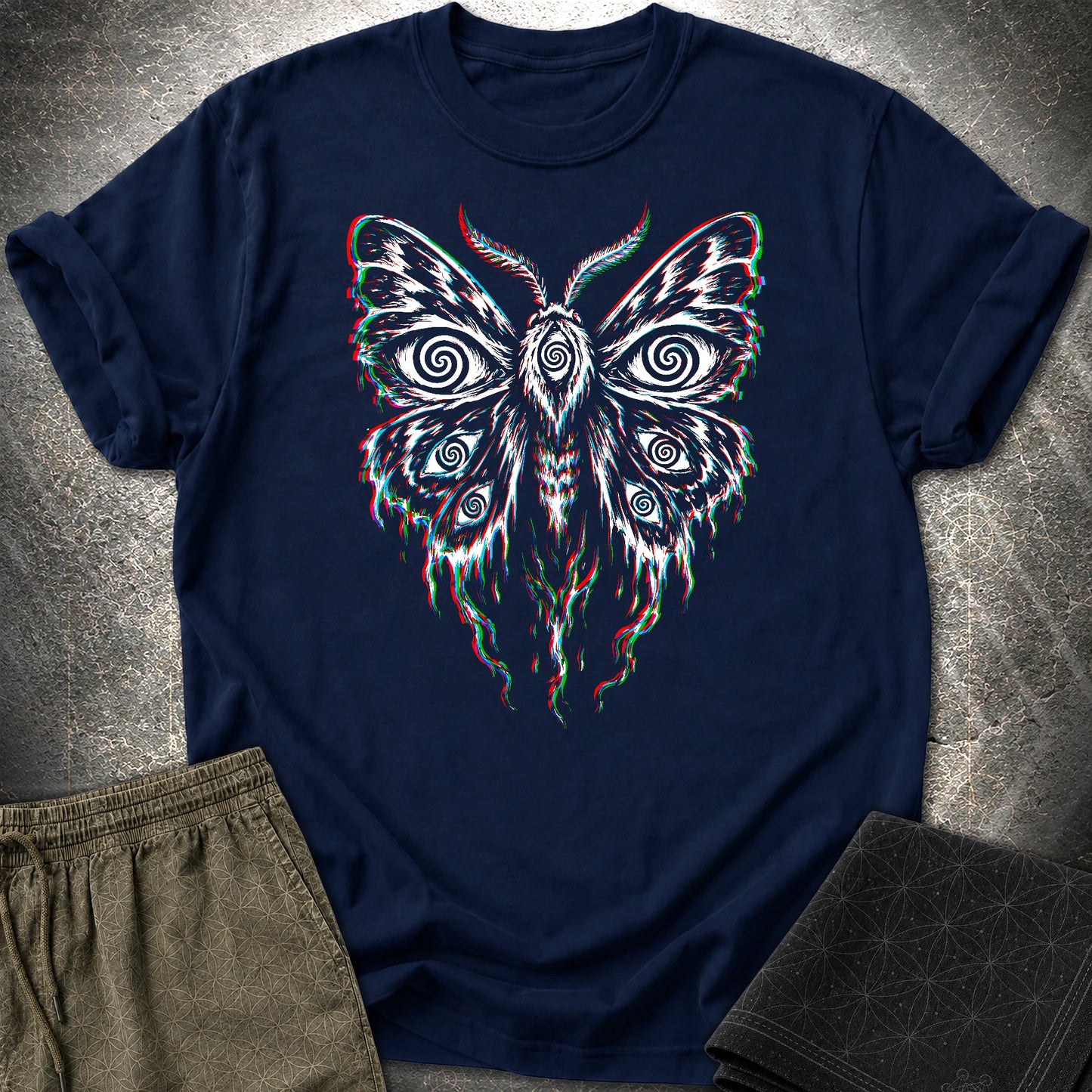 Hypnotic Eye Moth T-Shirt, Psychedelic Glitch Moth Shirt, Surreal Occult Graphic Tee - Hypnotic Eye Moth T-Shirt, Psychedelic Glitch Moth Shirt, Surreal Occult Graphic Tee - Navy