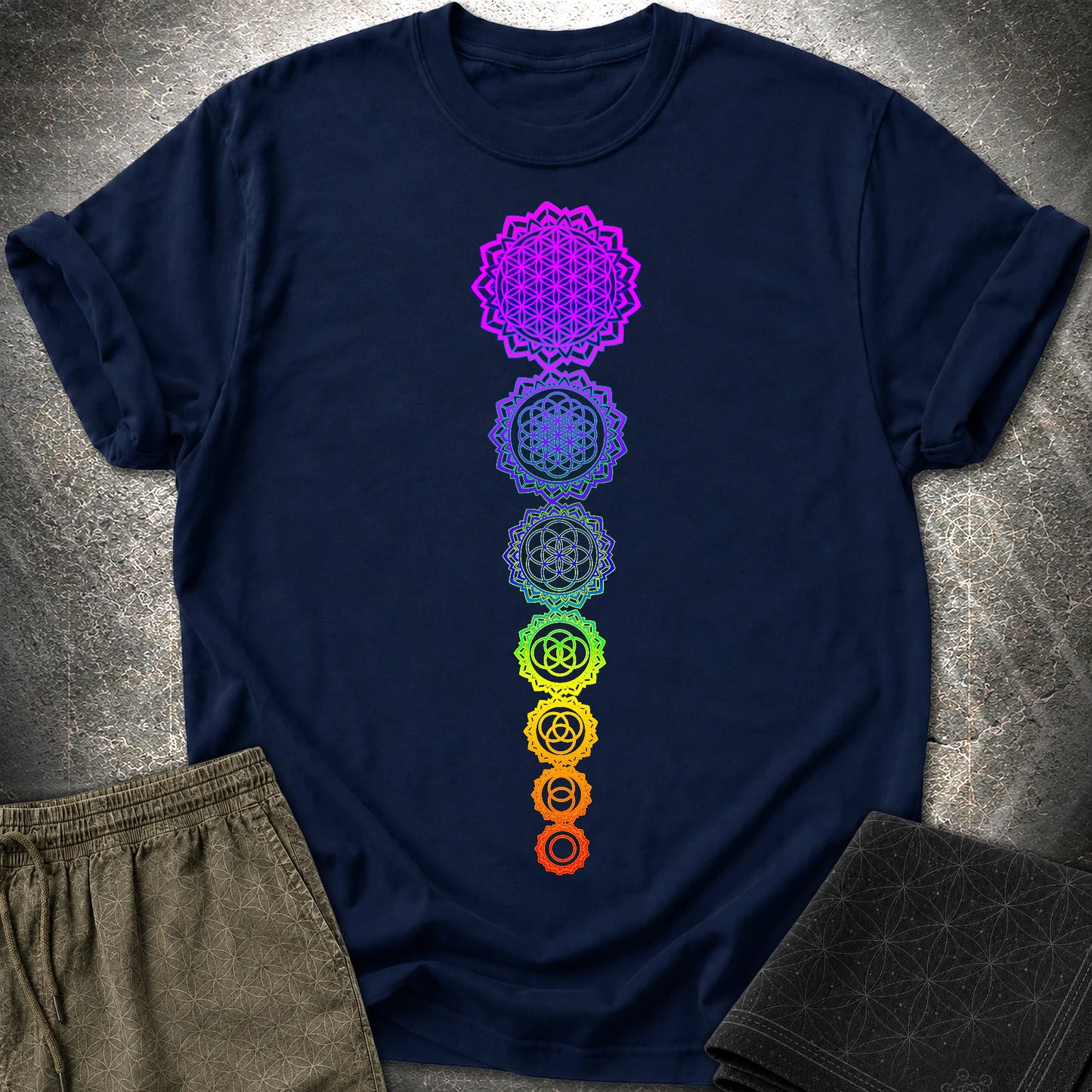 Flower Of Life Chakras T-Shirt - Flower Of Life Chakras T-Shirt - Navy