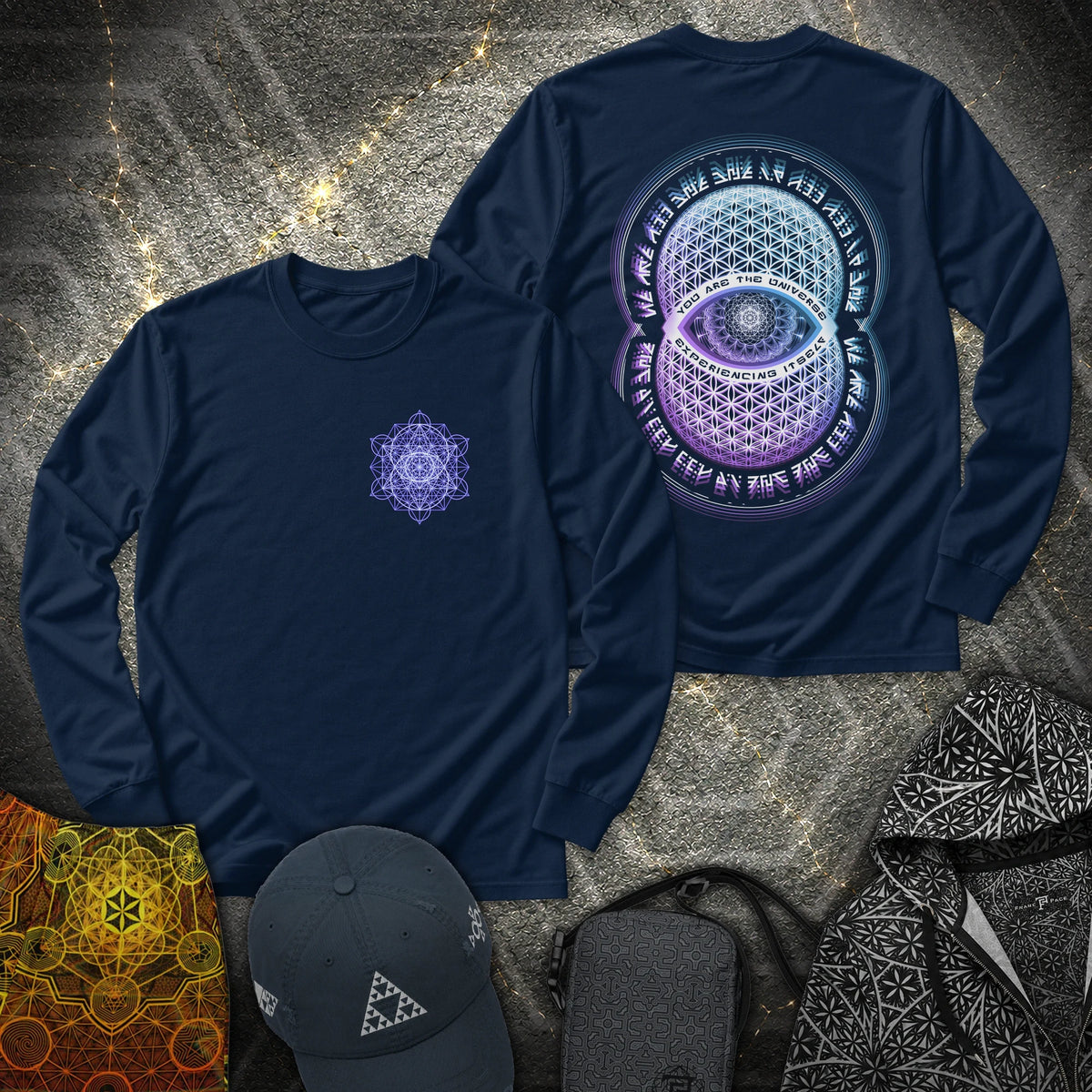 Alan Watts Universe 2 Sided - Alan Watts Universe 2 Sided Long Sleeve Shirt - Navy