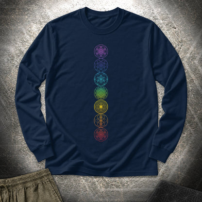 7 Sacred Geometry Chakras - 7 Sacred Geometry Chakras Long Sleeve Shirt - Navy