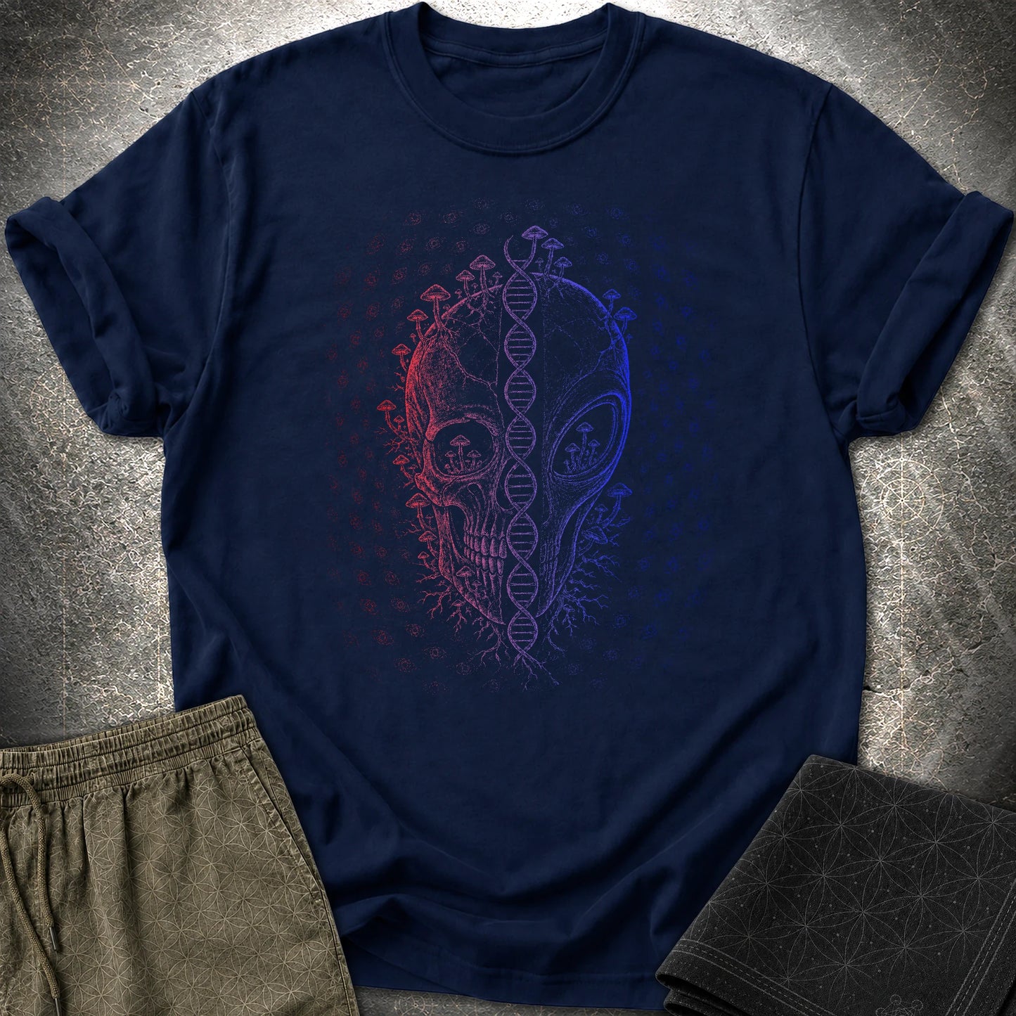 Alien Skull Cosmic Fungi T-Shirt - Alien Skull Cosmic Fungi T-Shirt - Navy