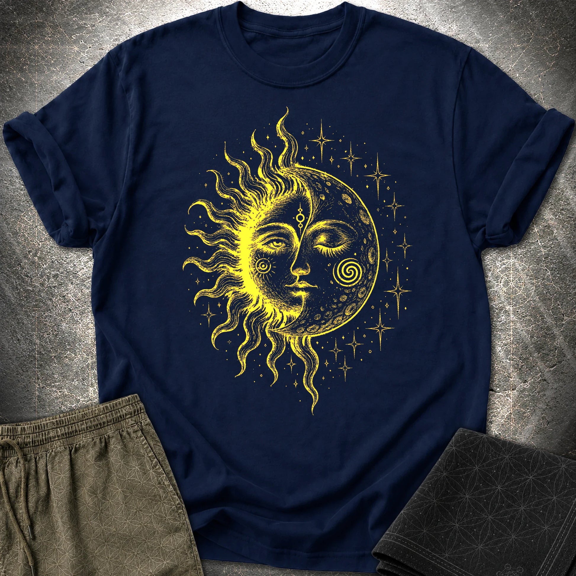 Celestial Sun Moon T-Shirt, Mystic Duality Shirt, Spiritual Cosmic Graphic Tee - Celestial Sun Moon T-Shirt, Mystic Duality Shirt, Spiritual Cosmic Graphic Tee - Navy