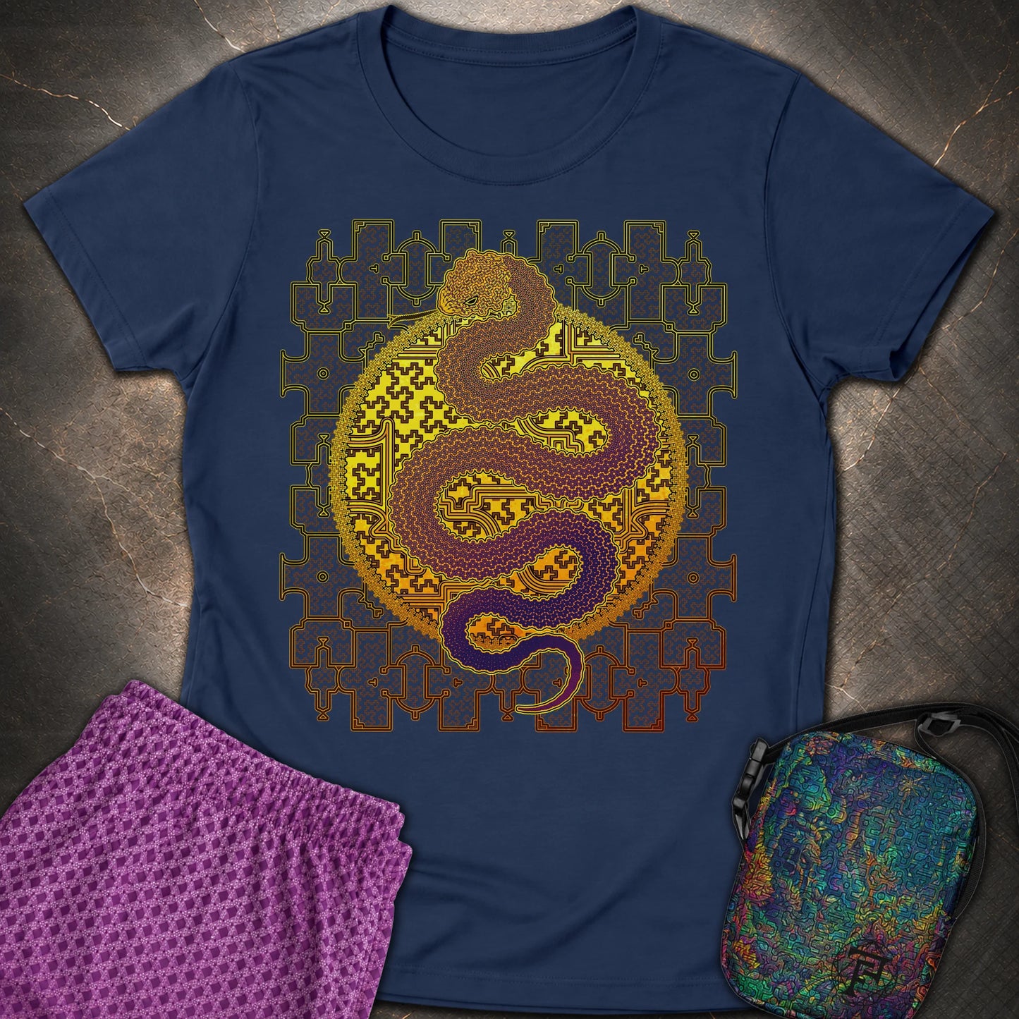 Shipibo Kene Cosmic Snake - Shipibo Kene Cosmic Snake Women's T-Shirt - Navy
