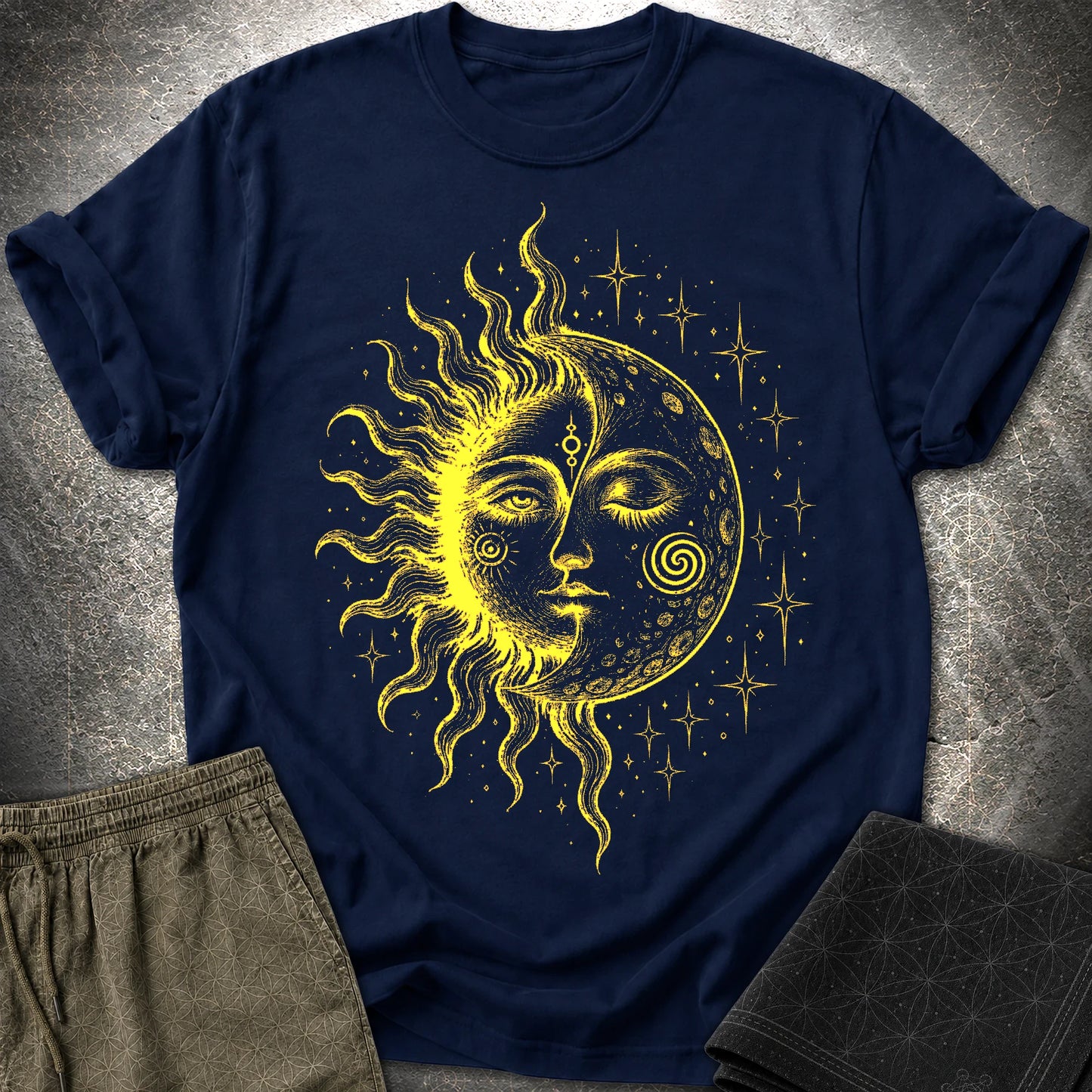 Celestial Sun Moon T-Shirt, Mystic Duality Shirt, Spiritual Cosmic Graphic Tee - Celestial Sun Moon T-Shirt, Mystic Duality Shirt, Spiritual Cosmic Graphic Tee - Navy