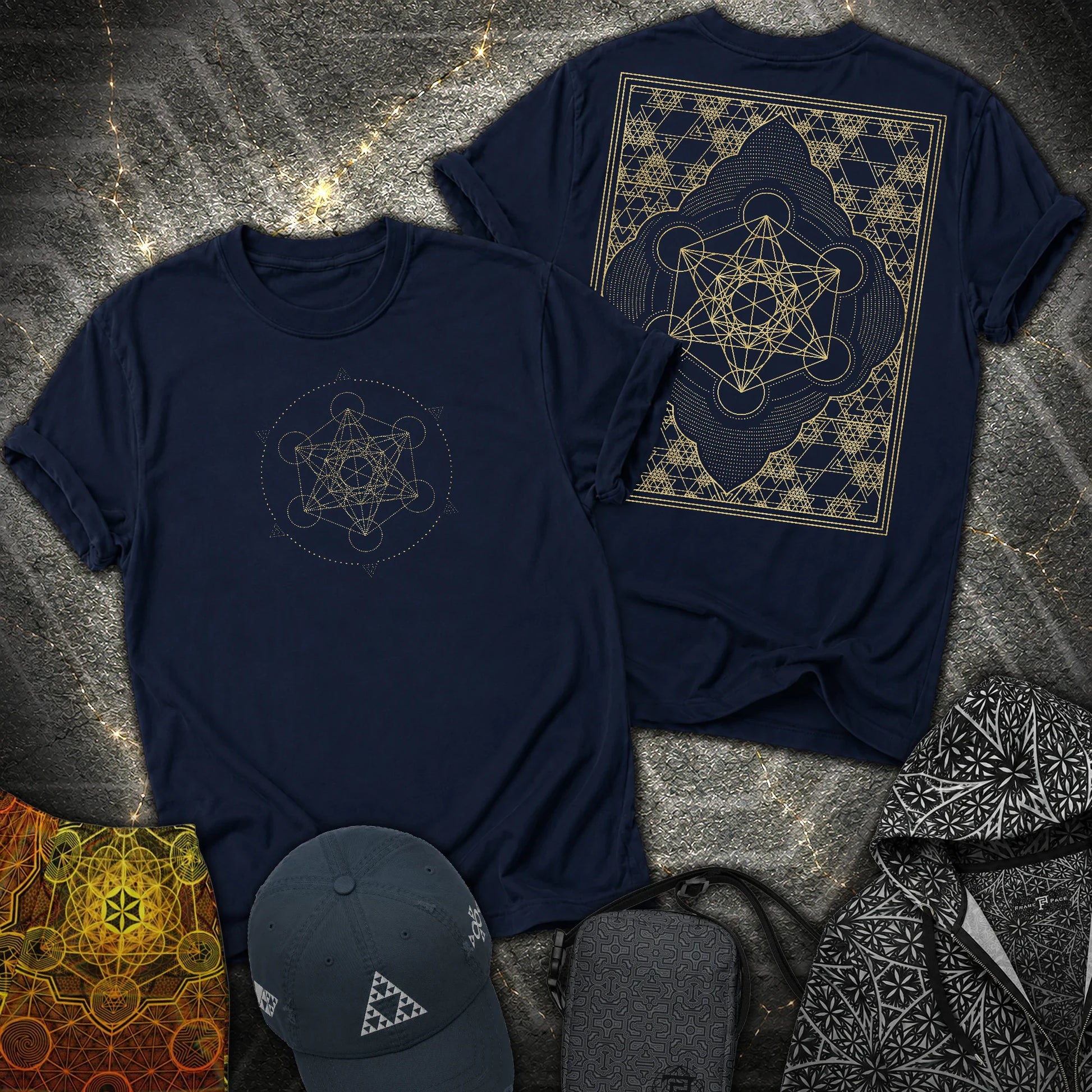 Metatron Cube Shirt, Sacred Geometry Front Back Tee, Gold Esoteric Mandala Graphic, Mystic Geometric 2 Sided T-Shirt - Metatron Cube Shirt, Sacred Geometry Front Back Tee, Gold Esoteric Mandala Graphic, Mystic Geometric 2 Sided T-Shirt - Navy