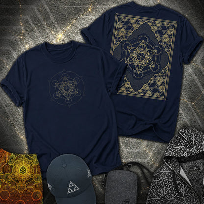 Metatron Cube Shirt, Sacred Geometry Front Back Tee, Gold Esoteric Mandala Graphic, Mystic Geometric 2 Sided T-Shirt - Metatron Cube Shirt, Sacred Geometry Front Back Tee, Gold Esoteric Mandala Graphic, Mystic Geometric 2 Sided T-Shirt - Navy