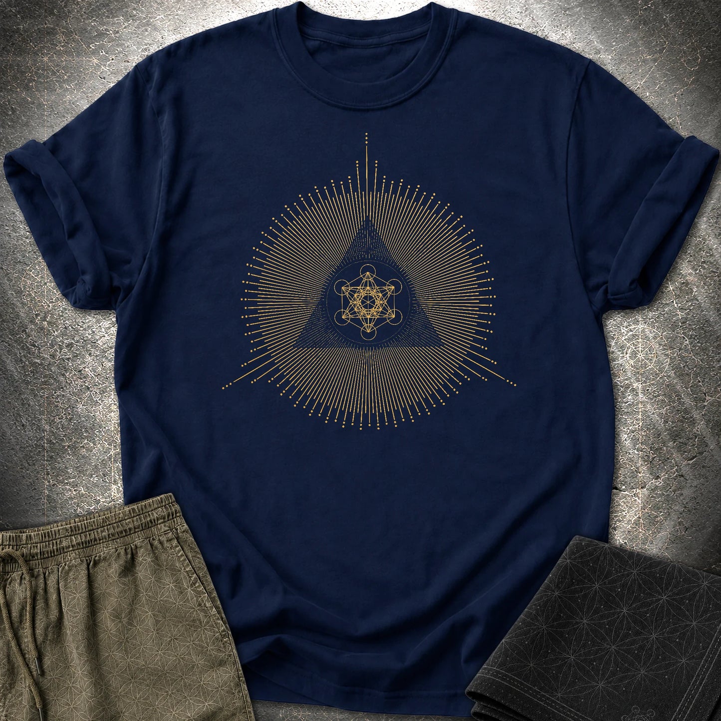 Metatron Cube Shirt, Sacred Geometry Sunburst Tee, Gold Esoteric Mandala Graphic, Mystic Geometric T-Shirt - Metatron Cube Shirt, Sacred Geometry Sunburst Tee, Gold Esoteric Mandala Graphic, Mystic Geometric T-Shirt - Navy