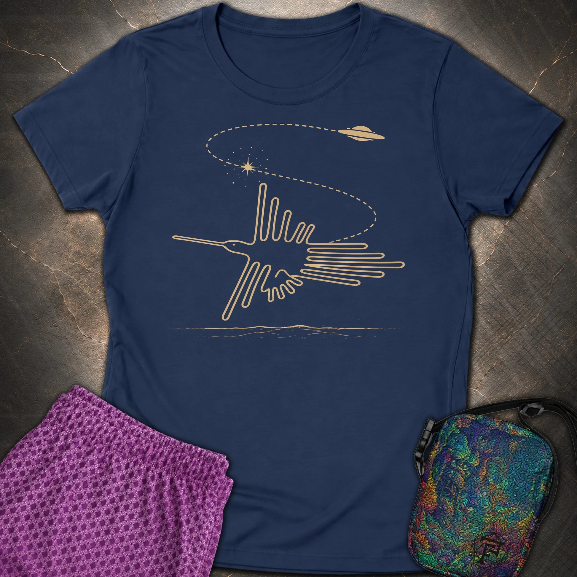 Geoglif Ptaka I Latający Spodek - Geoglif Ptaka I Latający Spodek Womens T-Shirt - Navy