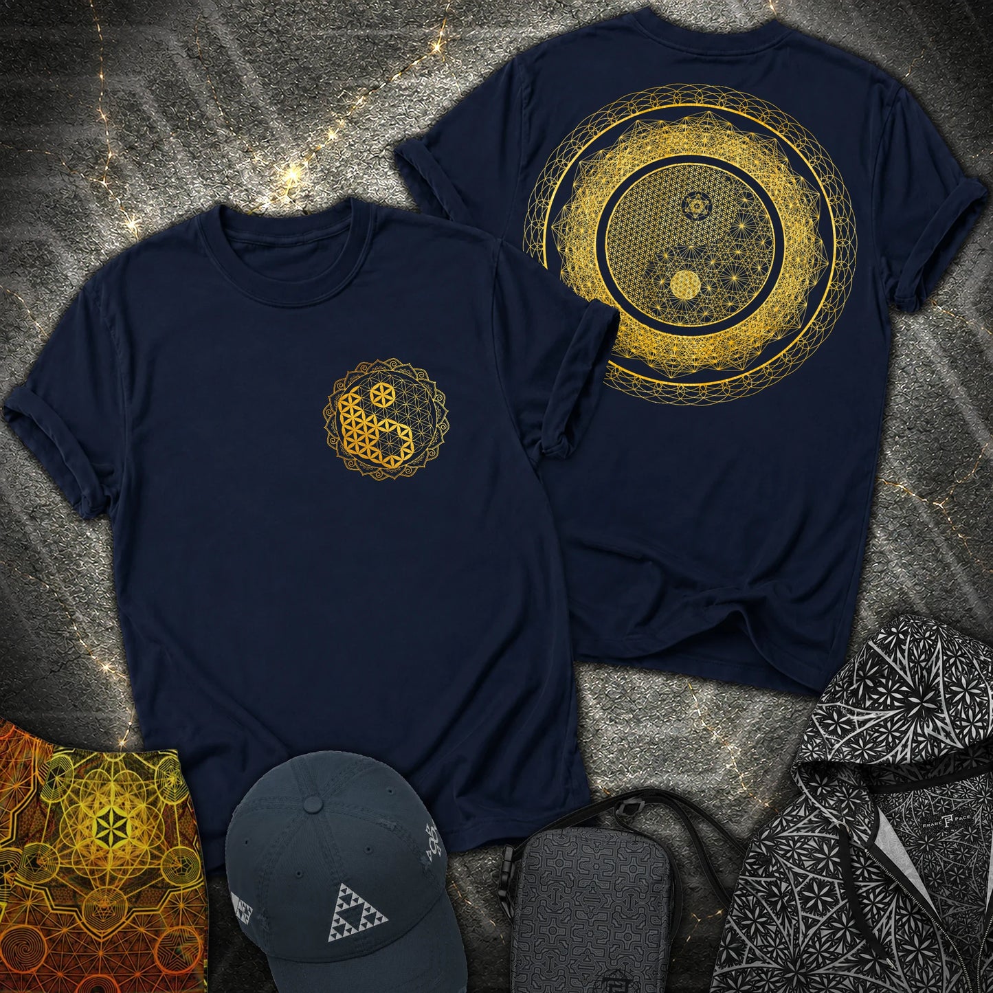 Yin Yang Sacred Geometry 2 Sided T-Shirt - Yin Yang Sacred Geometry 2 Sided T-Shirt - Navy