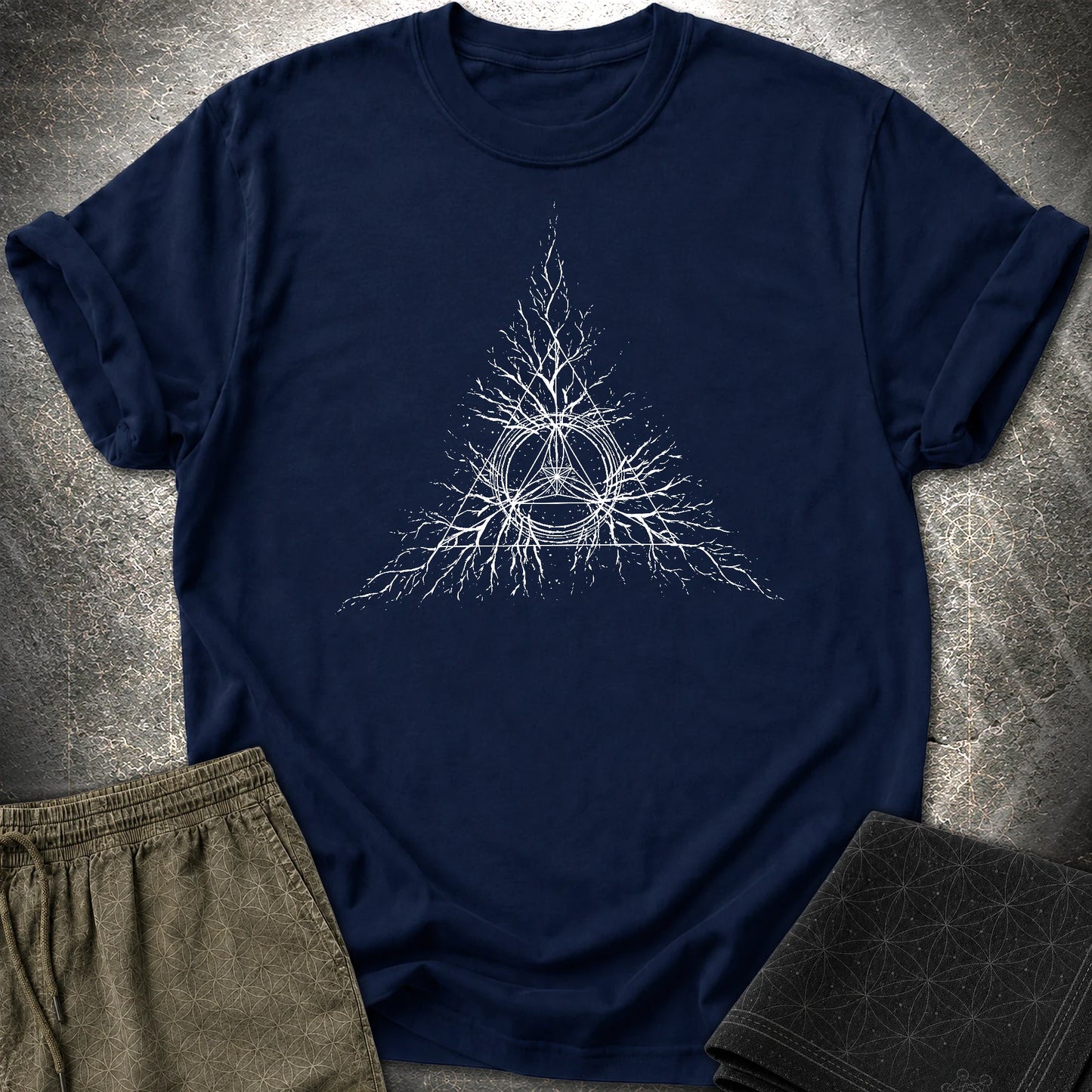 Sacred Geometry Roots T-Shirt, Spiritual Growth Shirt, Triangle Symbol Graphic Tee - Sacred Geometry Roots T-Shirt, Spiritual Growth Shirt, Triangle Symbol Graphic Tee - Navy