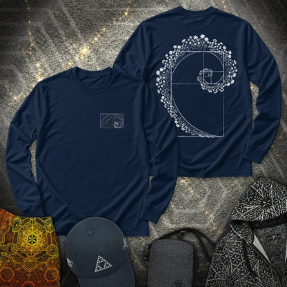 Floral Golden Ratio Spiral 2 Sided - Floral Golden Ratio Spiral 2 Sided Long Sleeve Shirt - Navy
