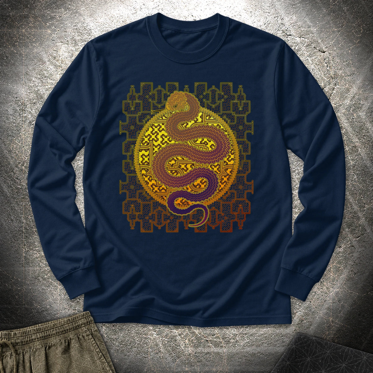 Shipibo Kene Cosmic Snake - Shipibo Kene Cosmic Snake Long Sleeve Shirt - Navy