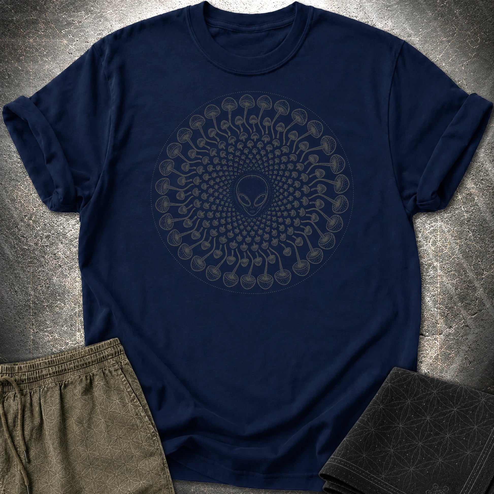 Alien Mushroom Spiral T-Shirt - Alien Mushroom Spiral T-Shirt - Navy