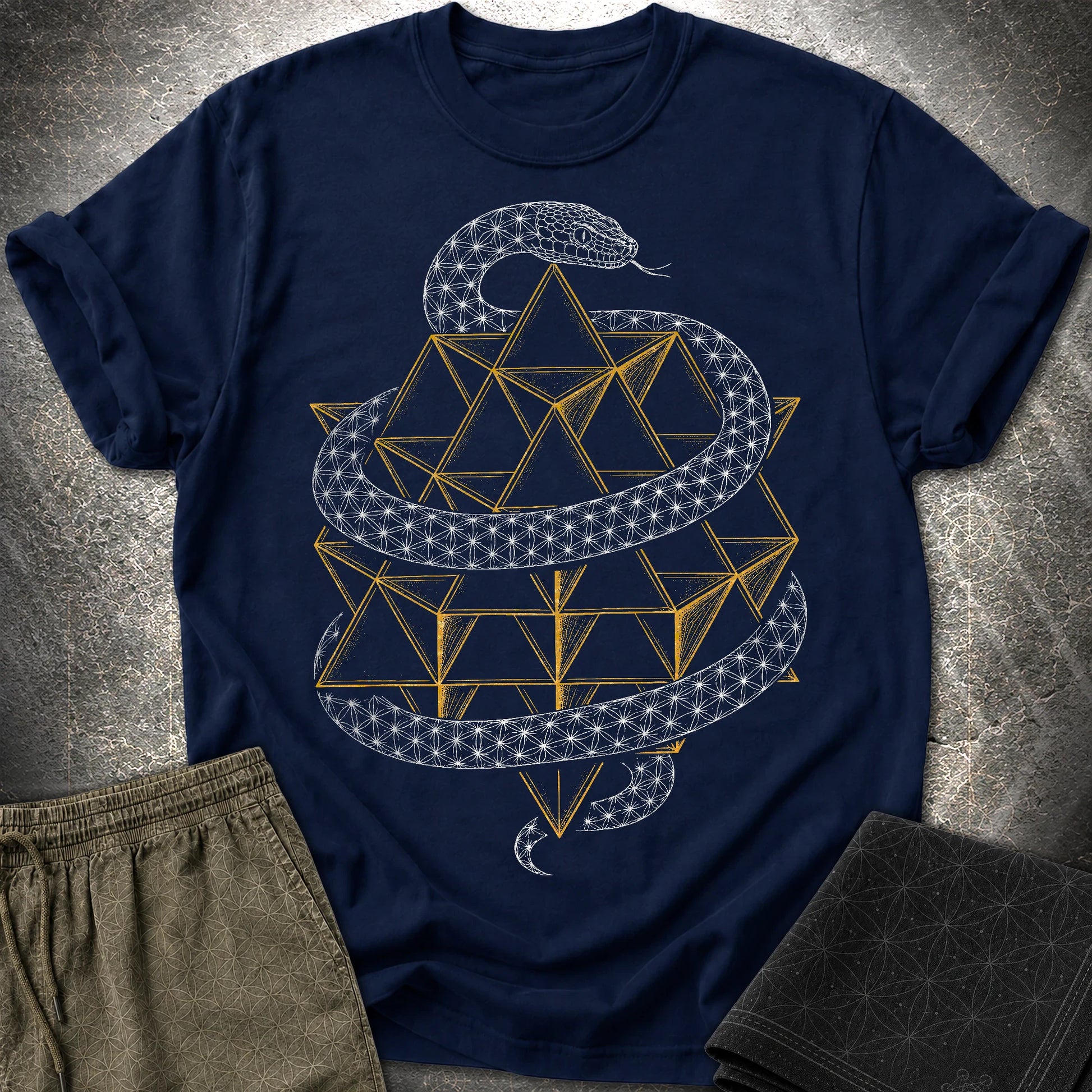 Serpent Tetrahedron Merkaba Geometry - Serpent Tetrahedron Merkaba Geometry T-Shirt - Navy