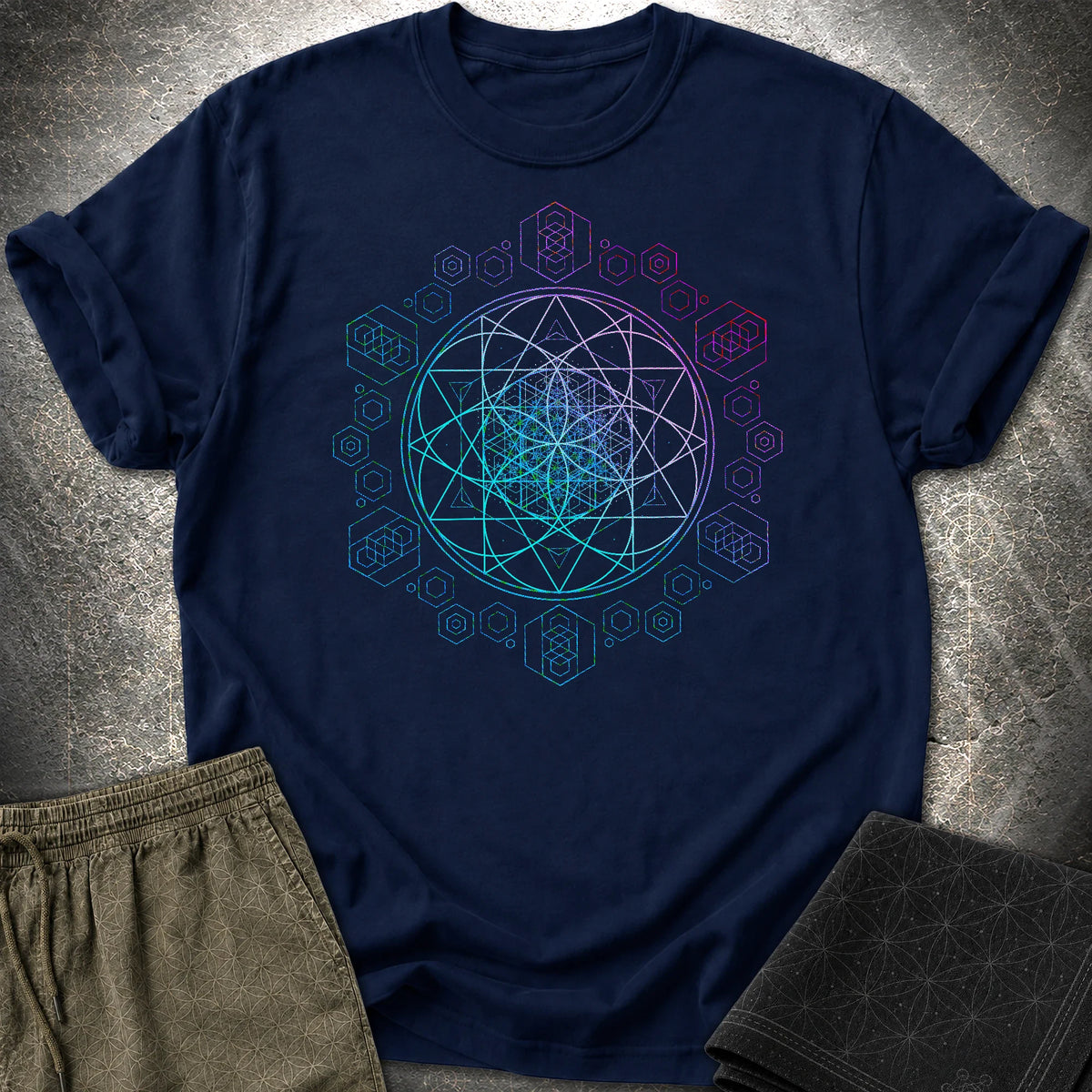 Seed of Life Sacred Geometry Psychedelic Boho T-Shirt - Seed of Life Sacred Geometry Psychedelic Boho T-Shirt - Navy