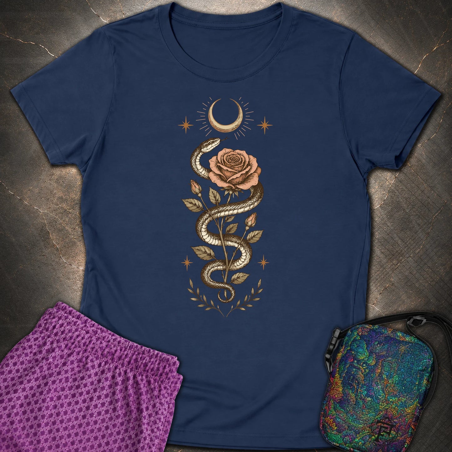 Snake Rose Moon - Snake Rose Moon Womens T-Shirt - Navy