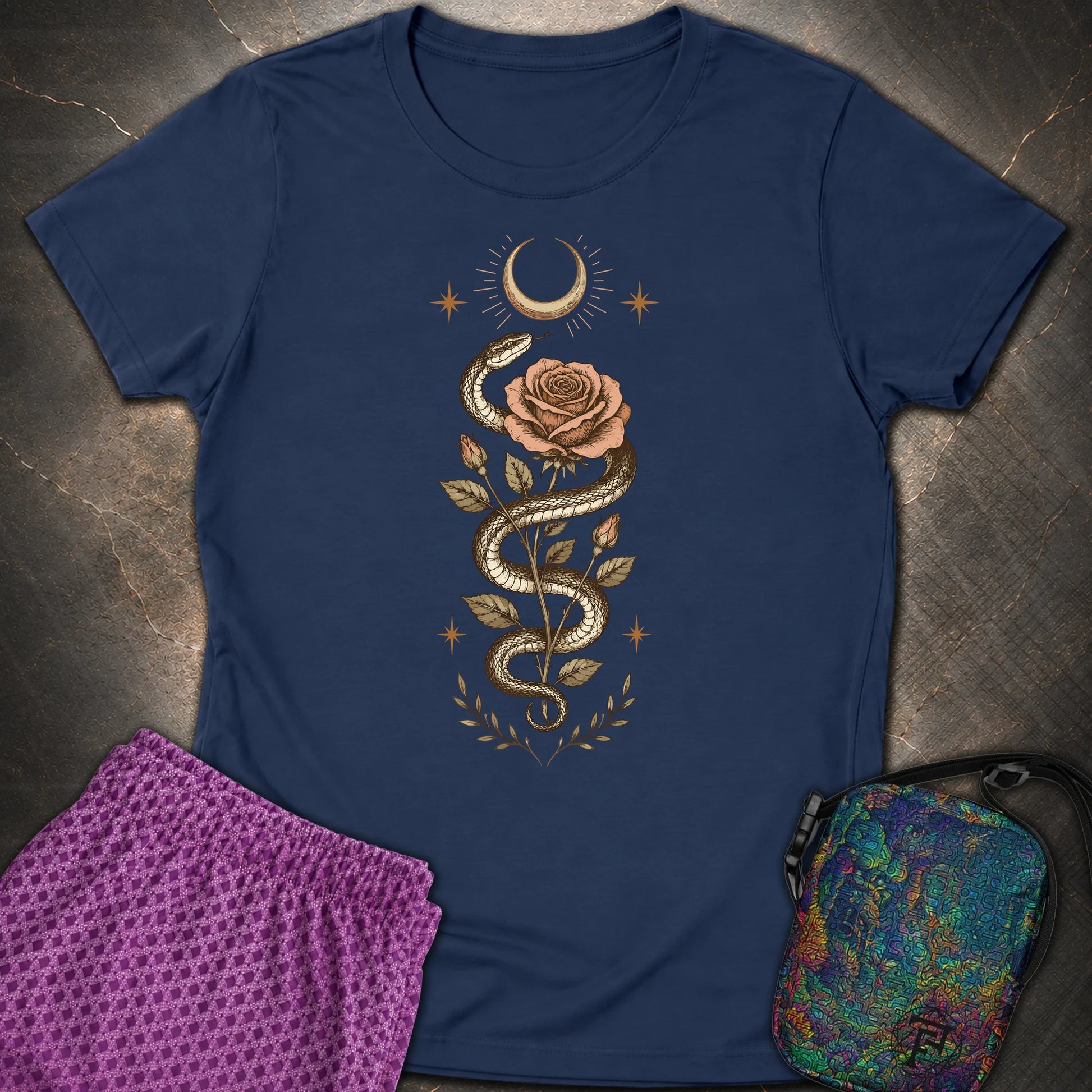 Snake Rose Moon - Snake Rose Moon Womens T-Shirt - Navy