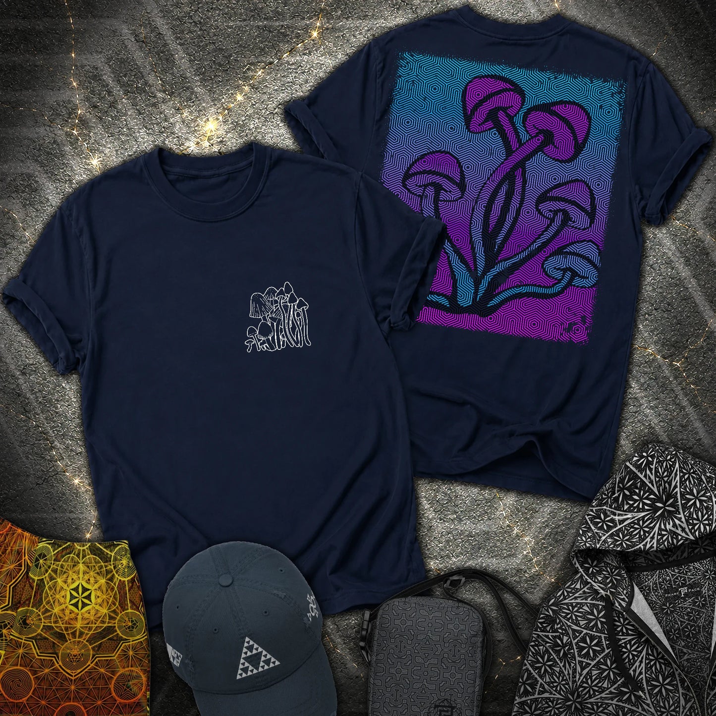 Mushroom Pattern 2 Sided T-Shirt - Mushroom Pattern 2 Sided T-Shirt - Navy