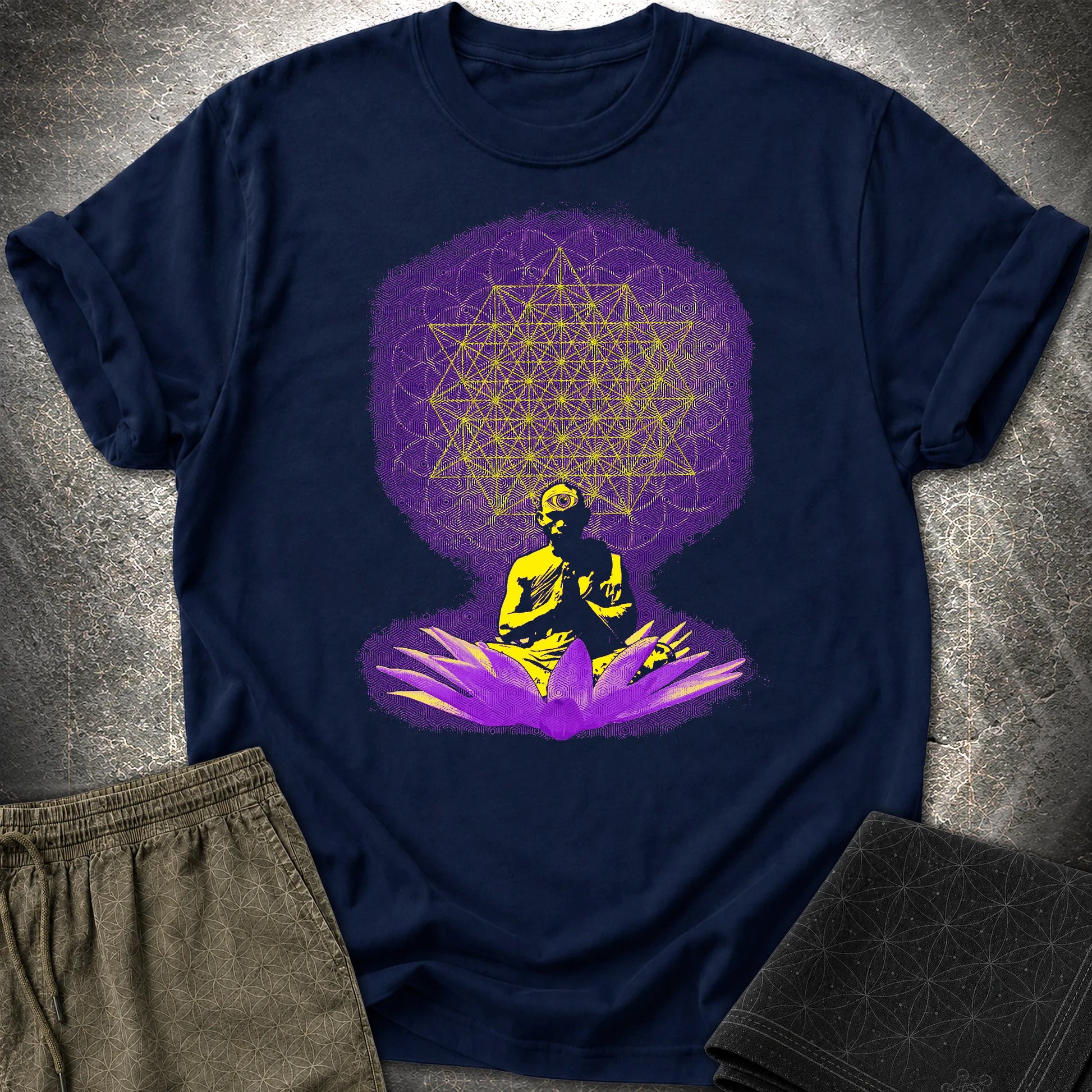 Meditating Monk Tetrahedron T-Shirt - Meditating Monk Tetrahedron T-Shirt - Navy