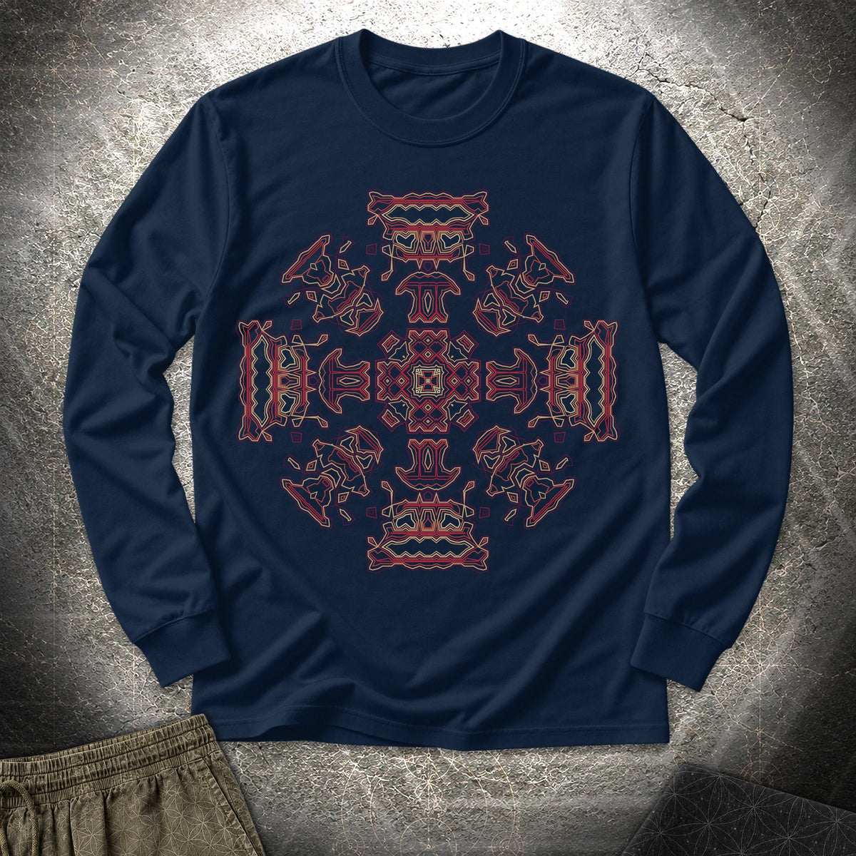 Shamanic Faces Geometric Long Sleeve Shirt - Shamanic Faces Geometric Long Sleeve Shirt - Navy
