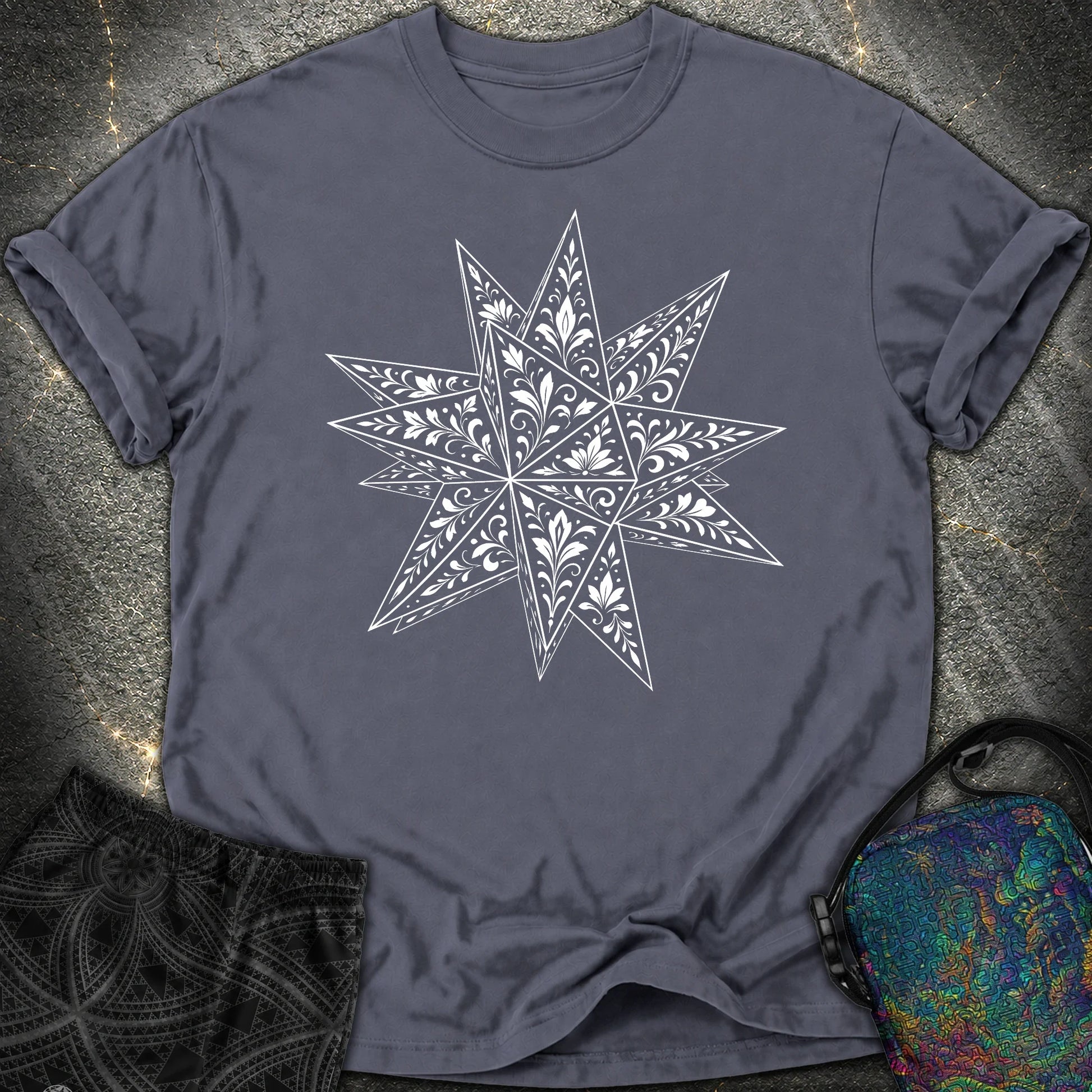 White Floral Stellated Dodecahedron Comfort T-Shirt - White Floral Stellated Dodecahedron Comfort T-Shirt - Navy