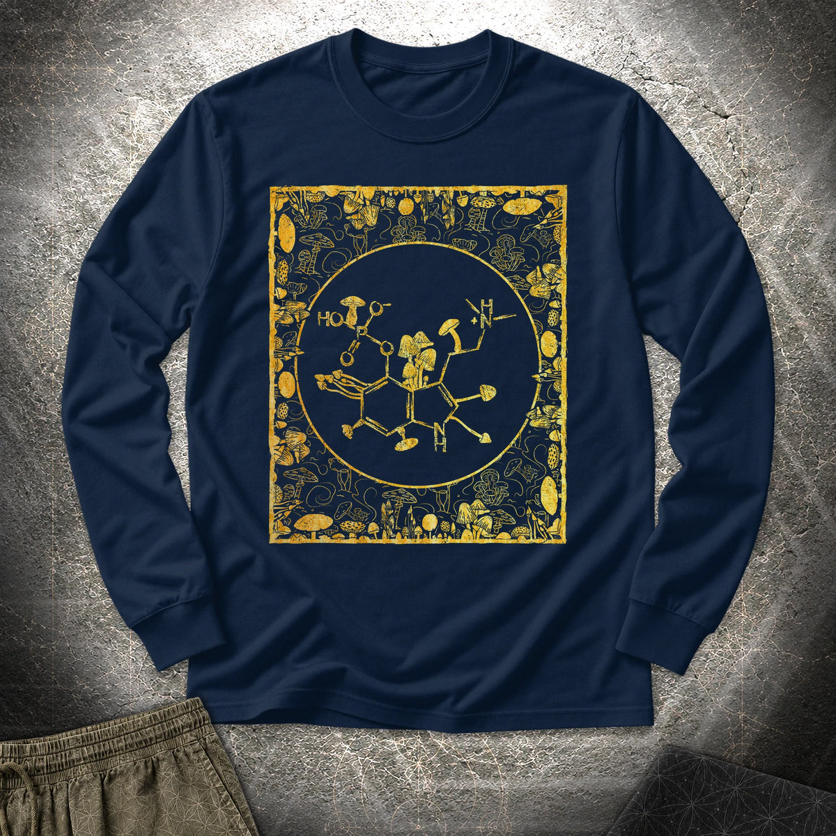 Psilocybin Molecule Mushroom Frame - Psilocybin Molecule Mushroom Frame Long Sleeve Shirt - Navy