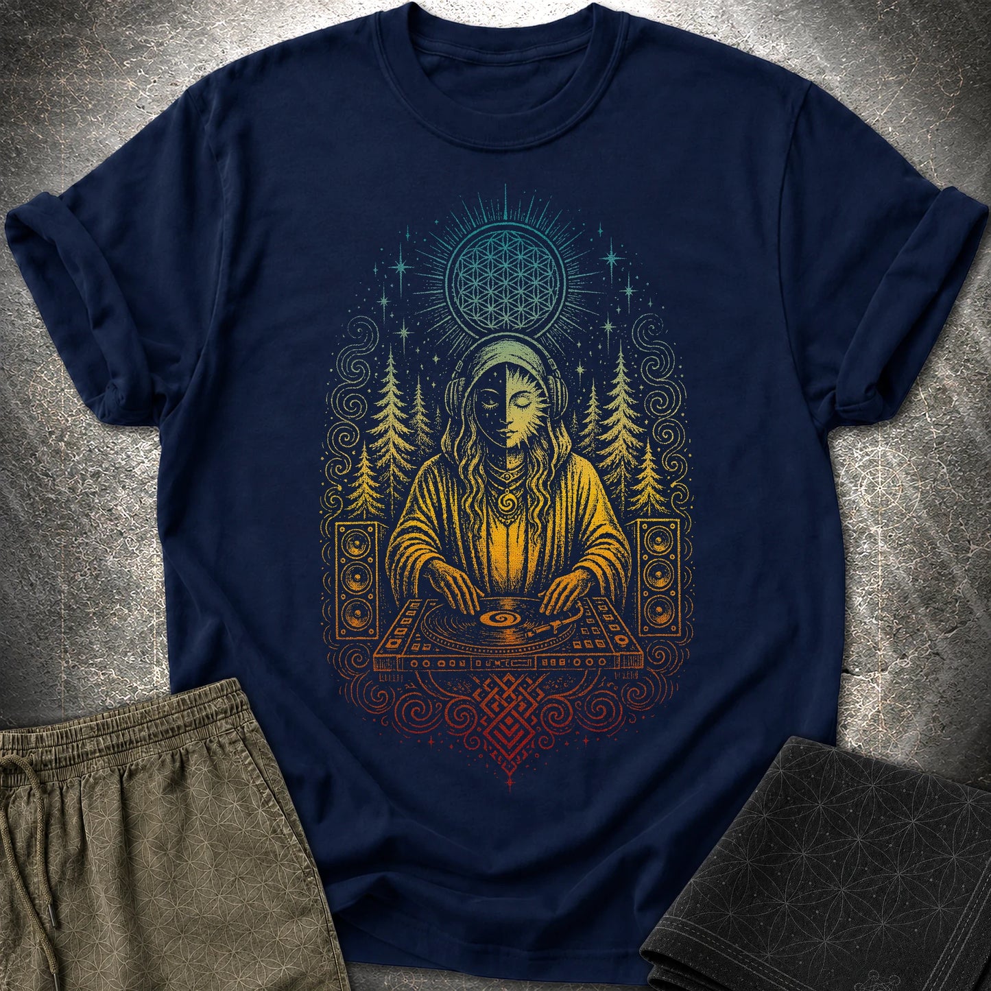 Mystic DJ T-Shirt, Psychedelic Rave Goddess Shirt, Sacred Geometry Festival Graphic Tee - Mystic DJ T-Shirt, Psychedelic Rave Goddess Shirt, Sacred Geometry Festival Graphic Tee - Navy