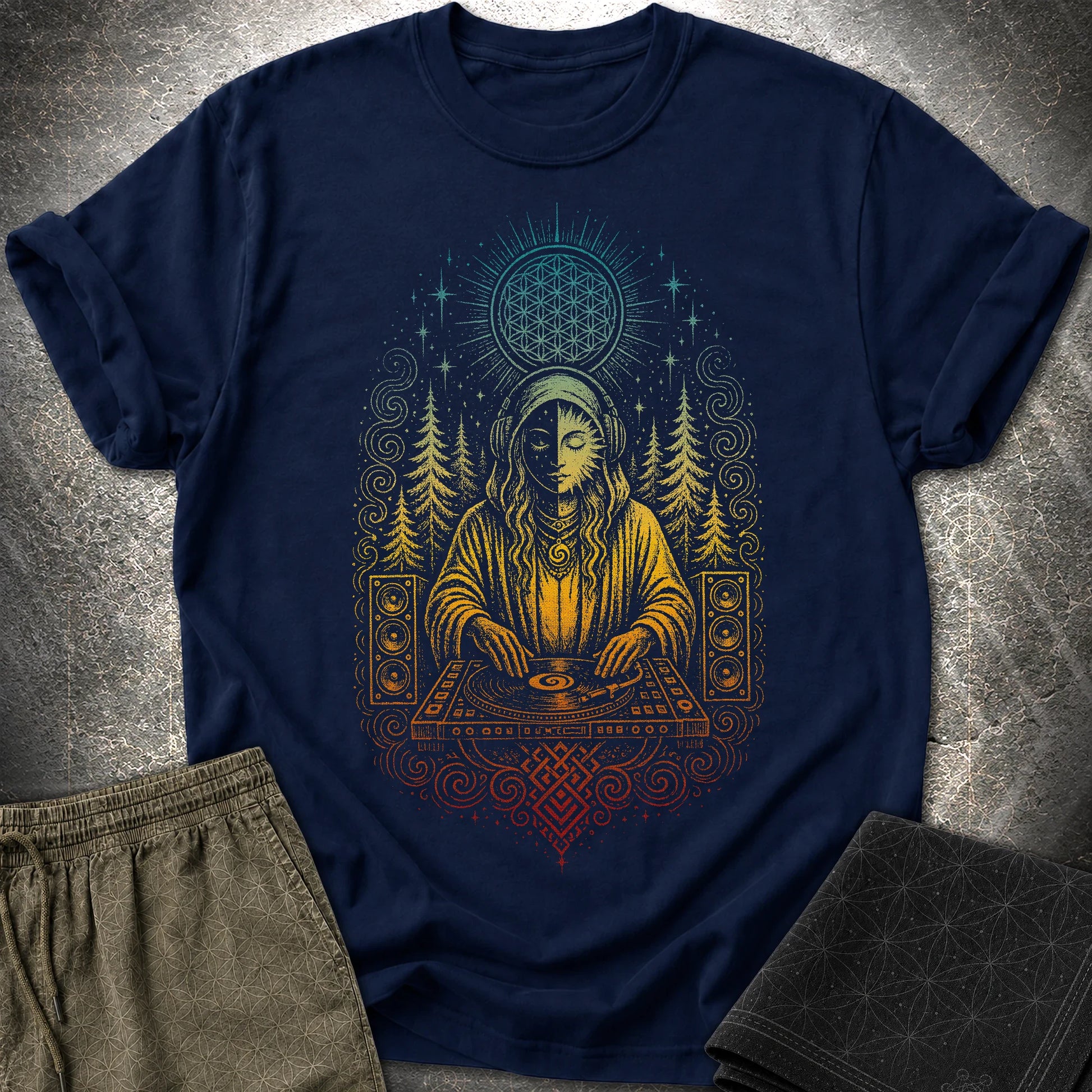 Mystic DJ T-Shirt, Psychedelic Rave Goddess Shirt, Sacred Geometry Festival Graphic Tee - Mystic DJ T-Shirt, Psychedelic Rave Goddess Shirt, Sacred Geometry Festival Graphic Tee - Navy