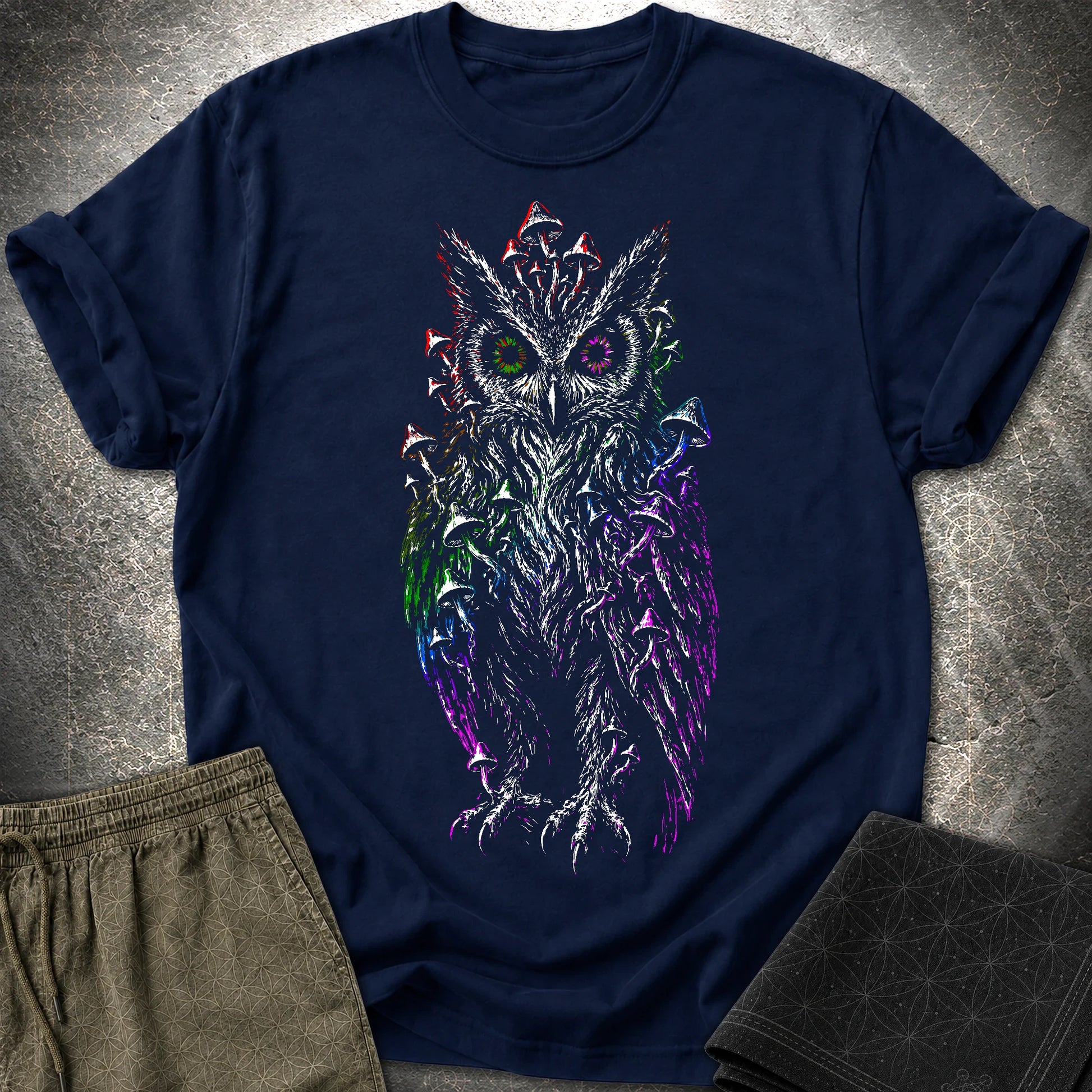 Trippy Mushroom Owl T-Shirt - Trippy Mushroom Owl T-Shirt - Navy