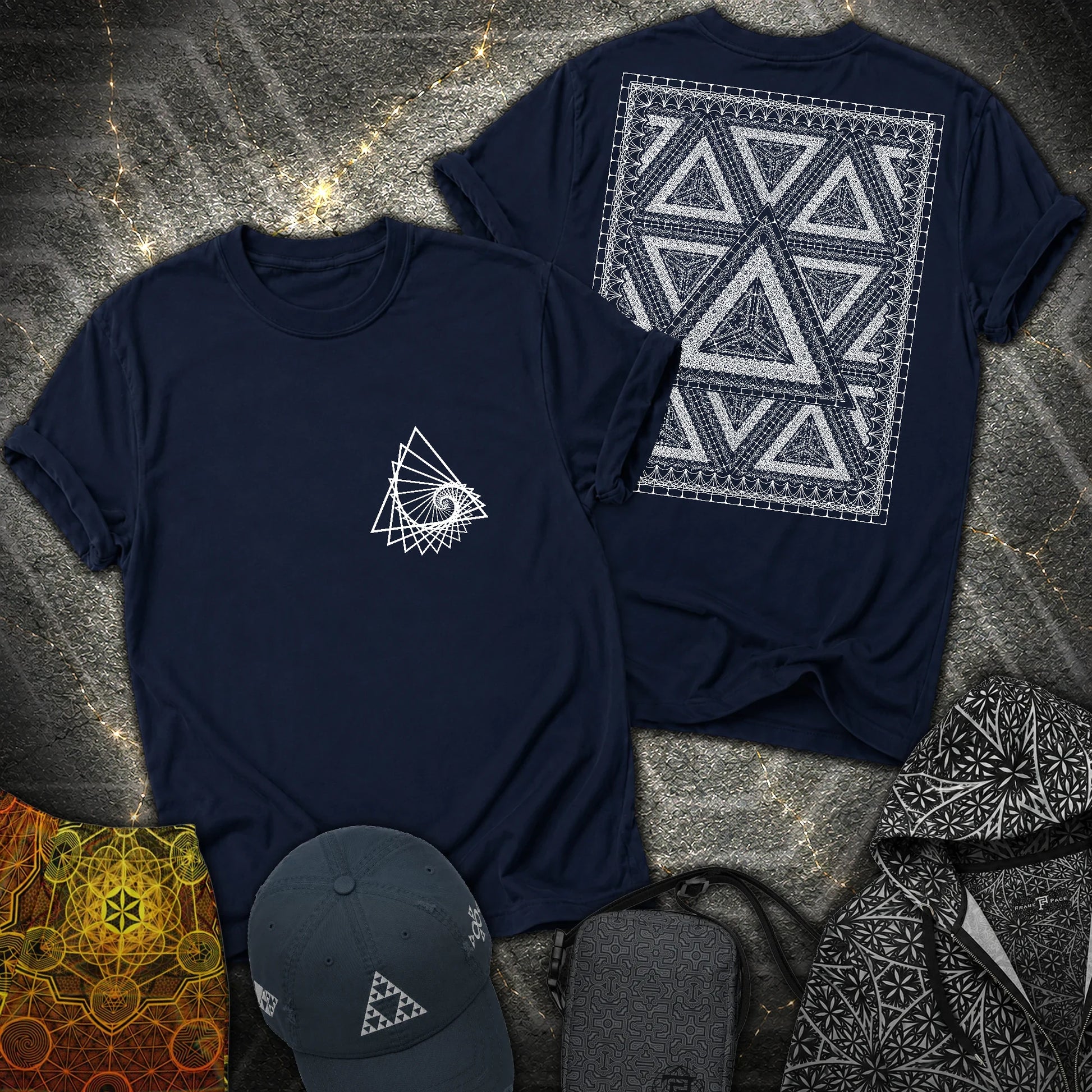 Organic Triangle Spiral Triangle 2 Sided T-Shirt - Organic Triangle Spiral Triangle 2 Sided T-Shirt - Navy