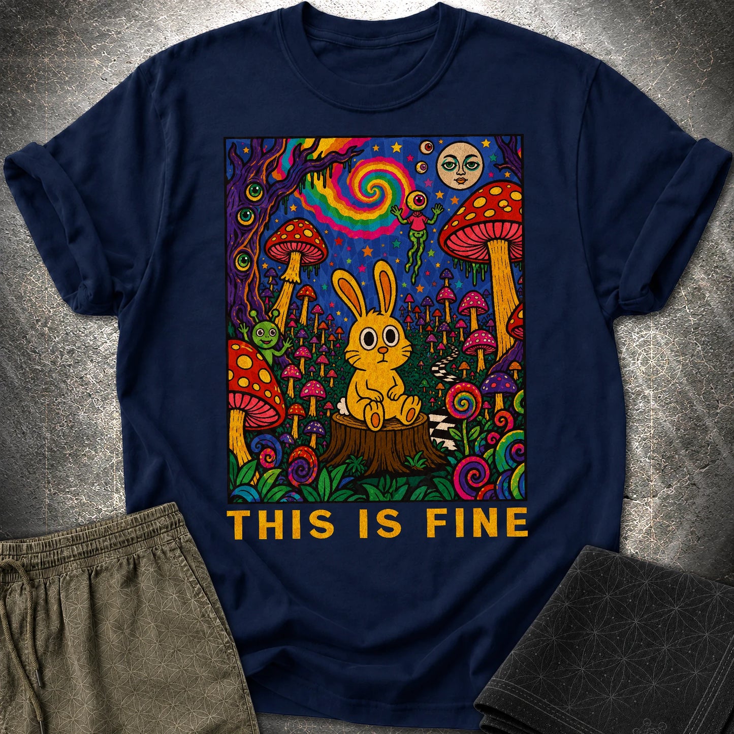 This Is Fine Rabbit T-Shirt - This Is Fine Rabbit T-Shirt - Navy