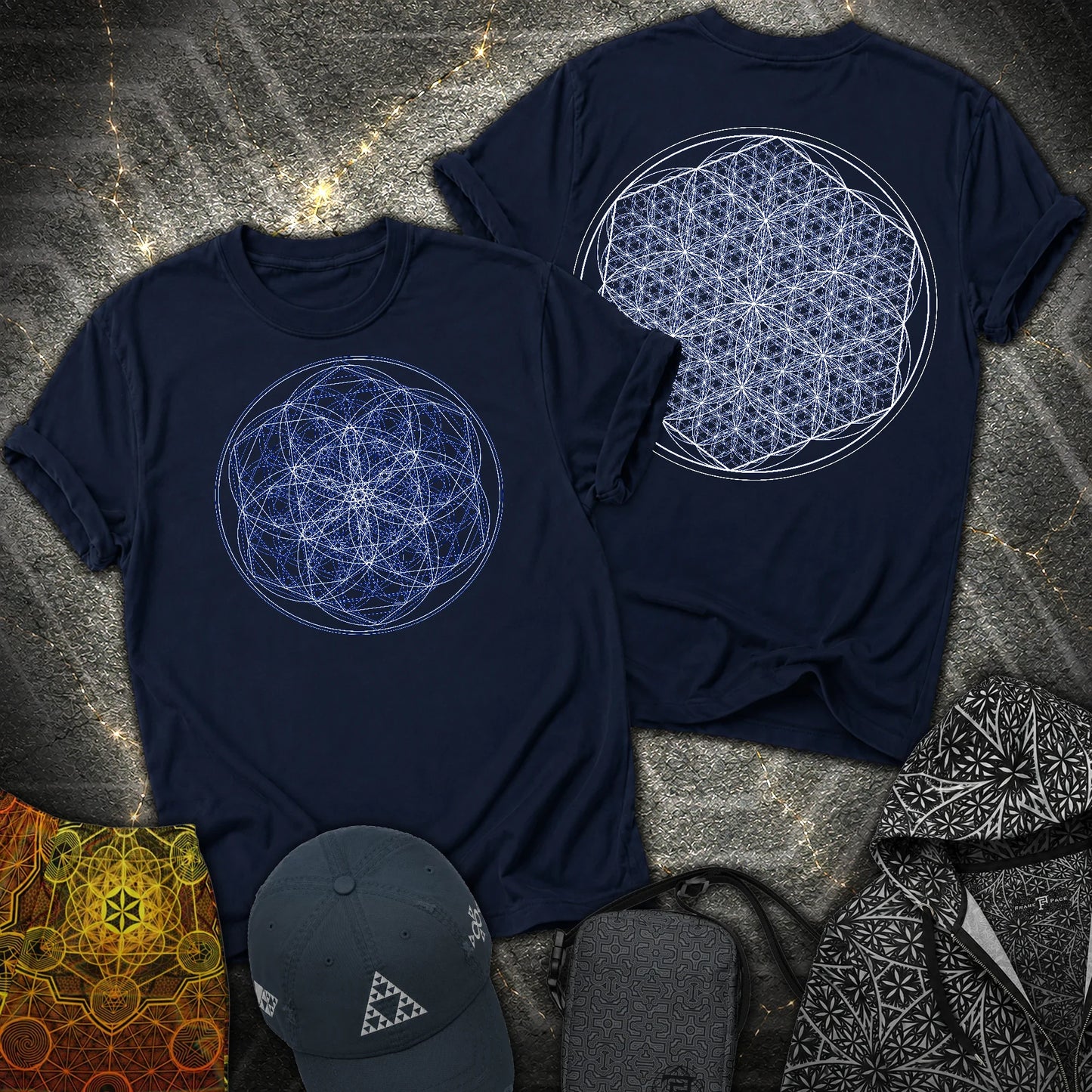 Sacred Flower Grids 2 Sided T-Shirt - Sacred Flower Grids 2 Sided T-Shirt - Navy