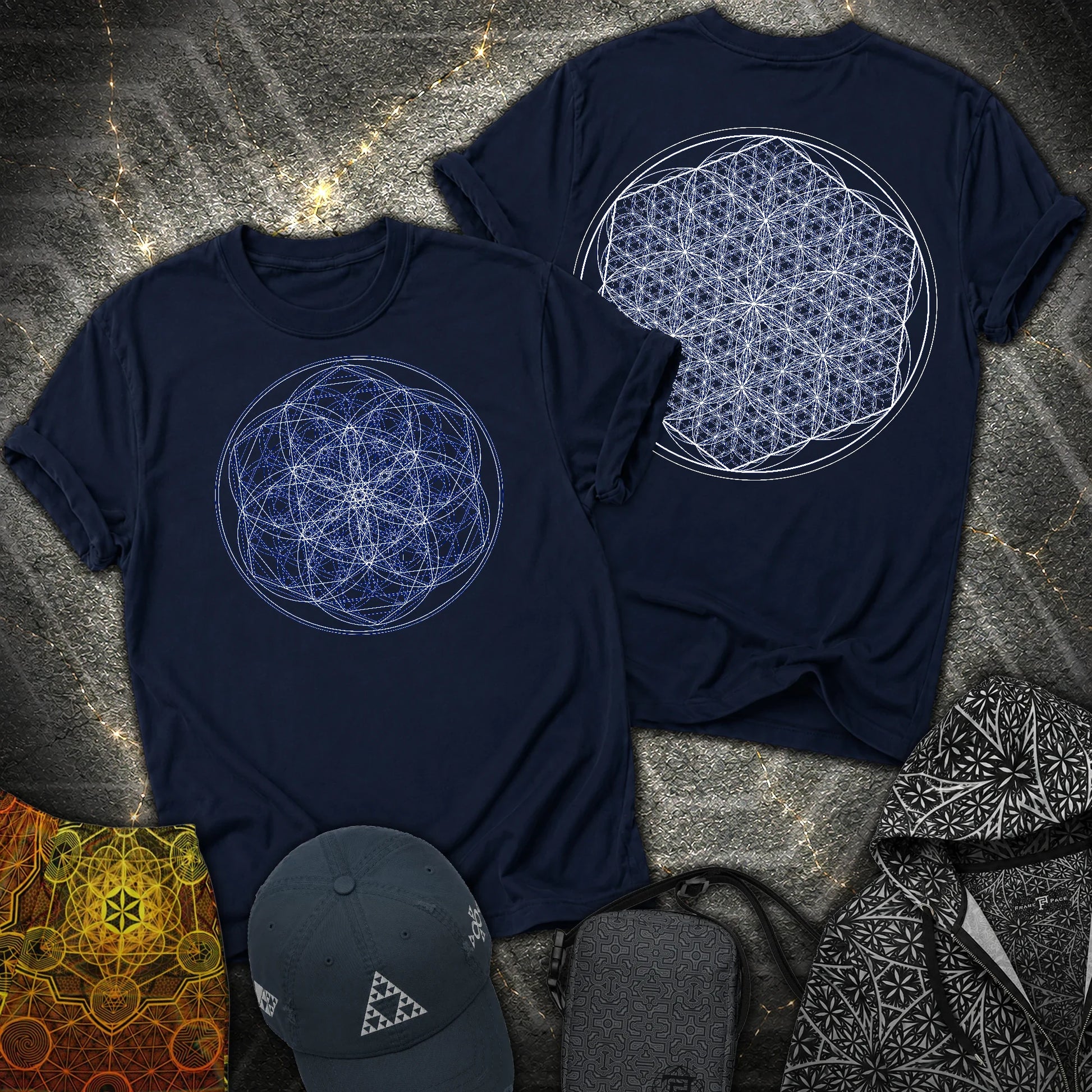 Sacred Flower Grids 2 Sided T-Shirt - Sacred Flower Grids 2 Sided T-Shirt - Navy