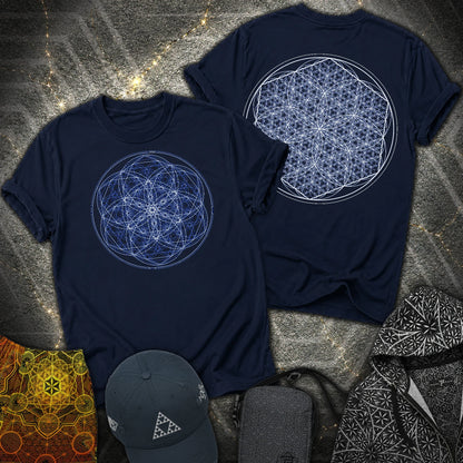 Sacred Flower Grids 2 Sided T-Shirt - Sacred Flower Grids 2 Sided T-Shirt - Navy